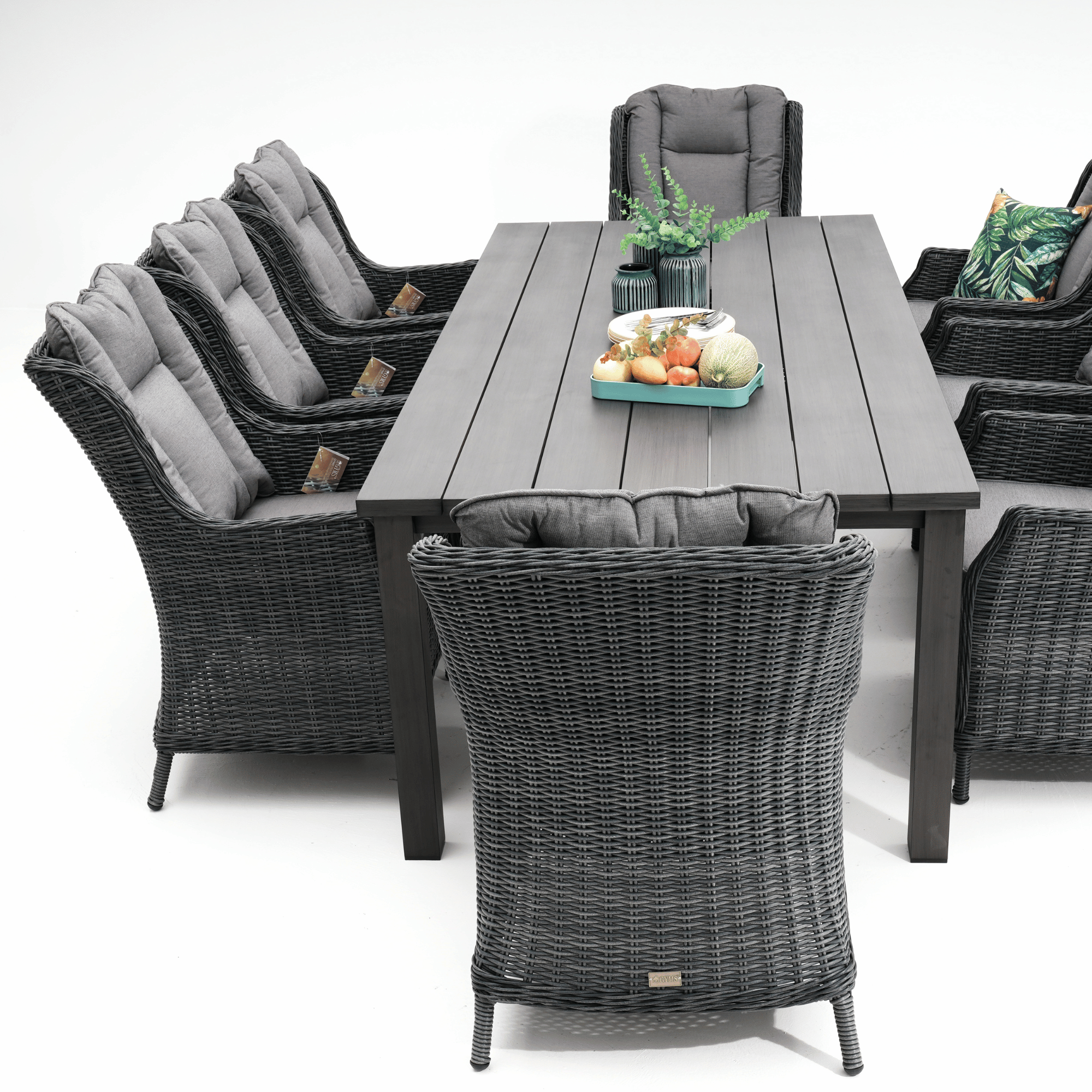 Sandy Bay Dining Table with San Jose Wicker Chairs 9‑piece Outdoor Wicker Dining Set - Castle Grey