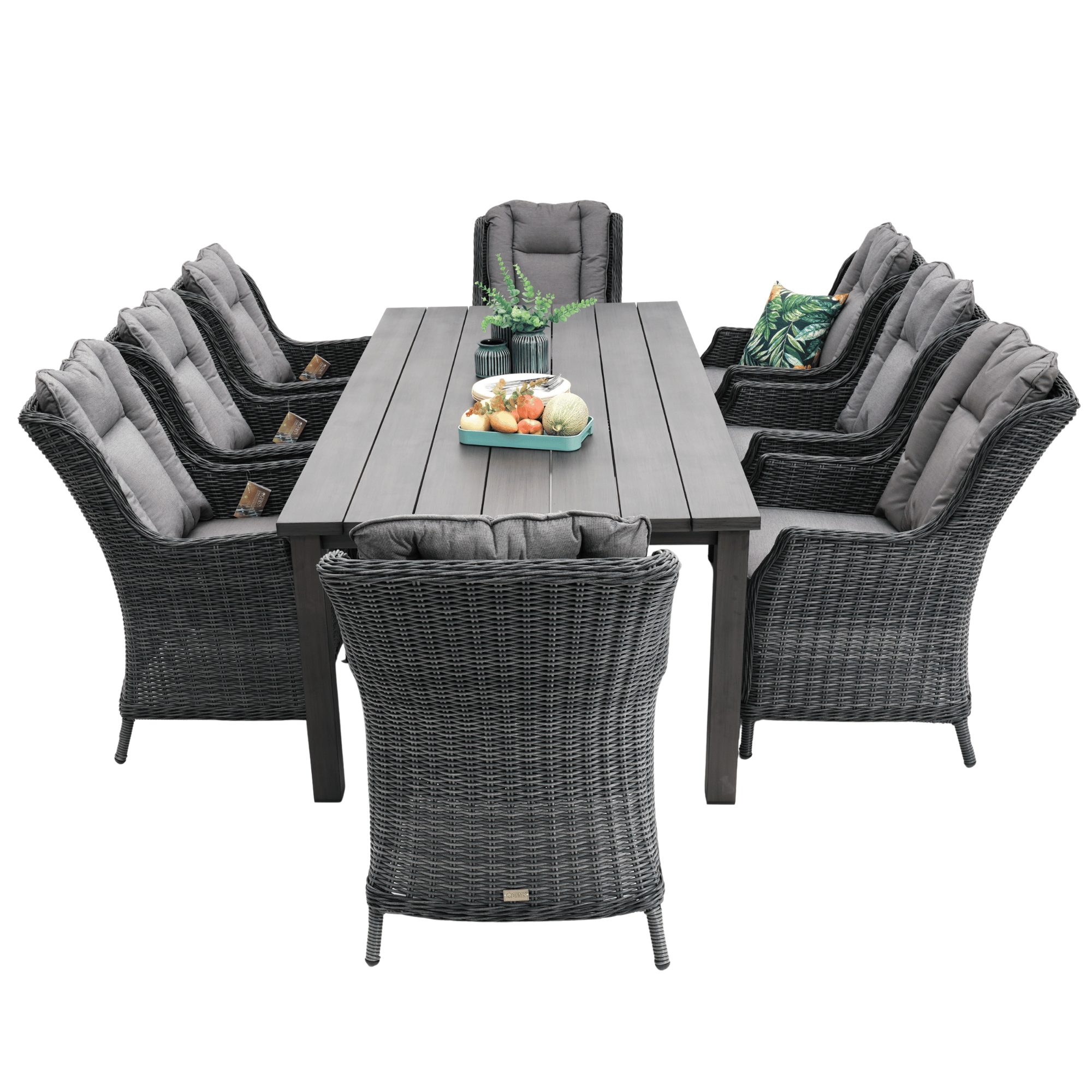 Sandy Bay Dining Table with San Jose Wicker Chairs 9‑piece Outdoor Wicker Dining Set - Castle Grey