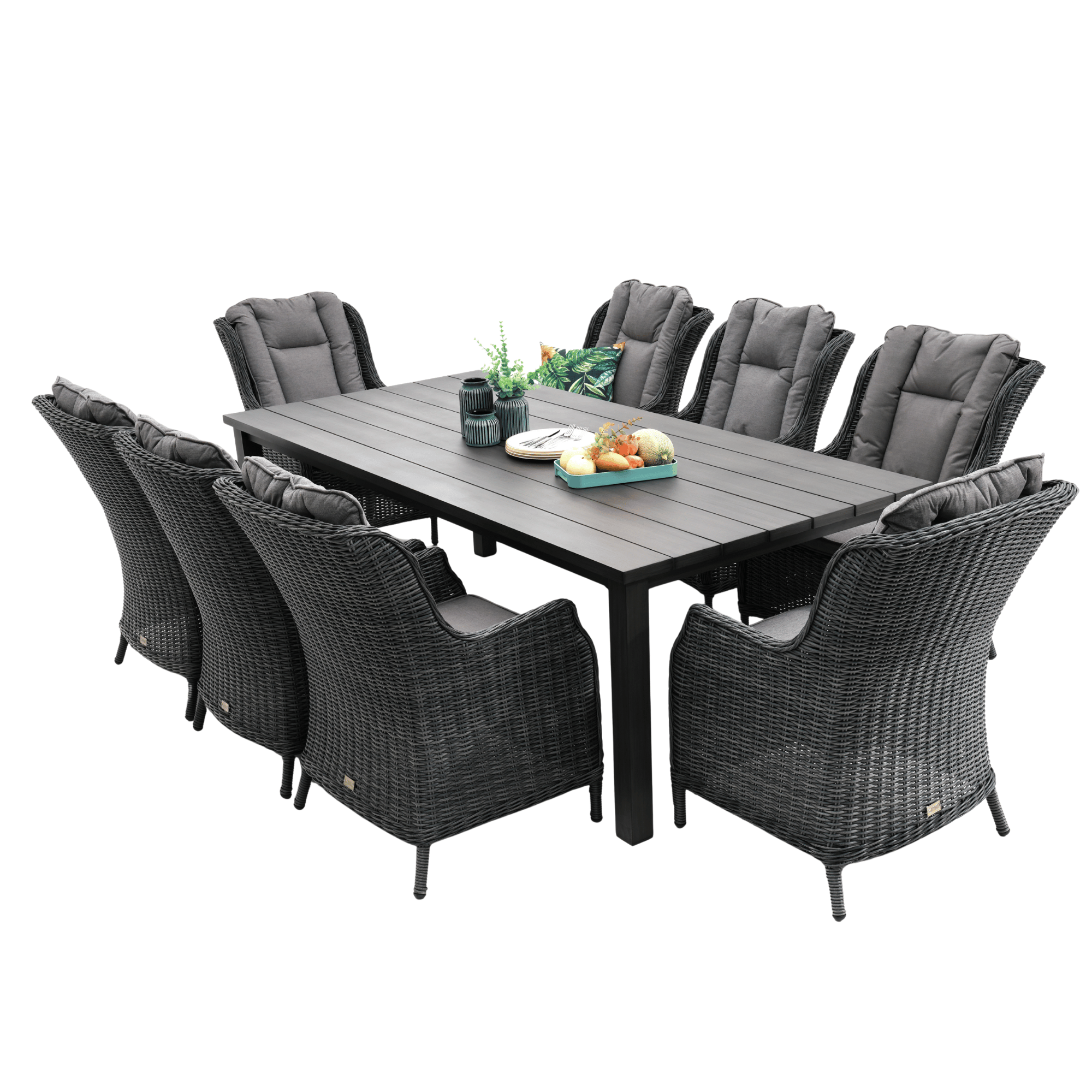 Sandy Bay Dining Table with San Jose Wicker Chairs 9‑piece Outdoor Wicker Dining Set - Castle Grey