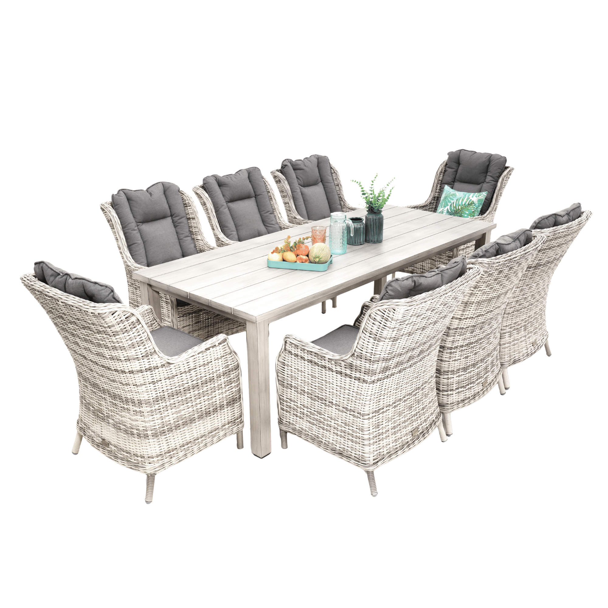 Sandy Bay Dining Table with San Jose Wicker Chairs 9‑piece Outdoor Wicker Dining Set - Zen White