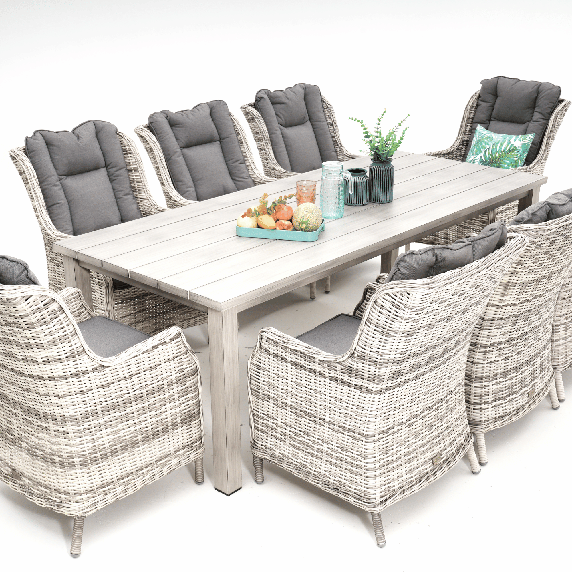 Sandy Bay Dining Table with San Jose Wicker Chairs 9‑piece Outdoor Wicker Dining Set - Zen White