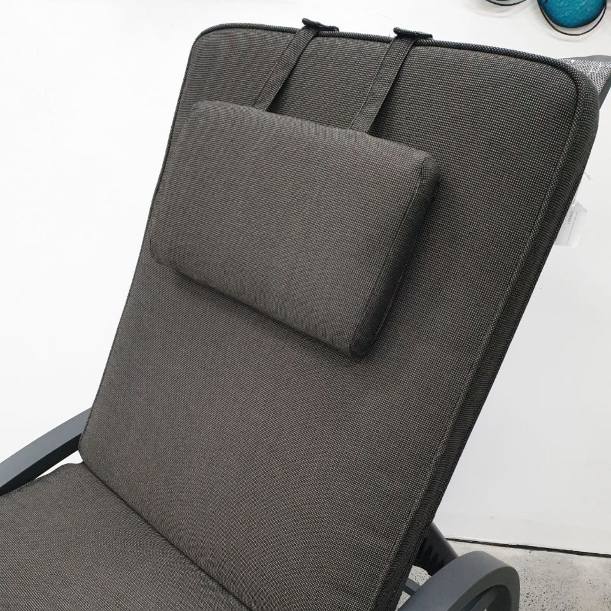 close up of the adjustable hearest cushion on the Shelta Sunlounge Cushion with Headrest - Charcoal