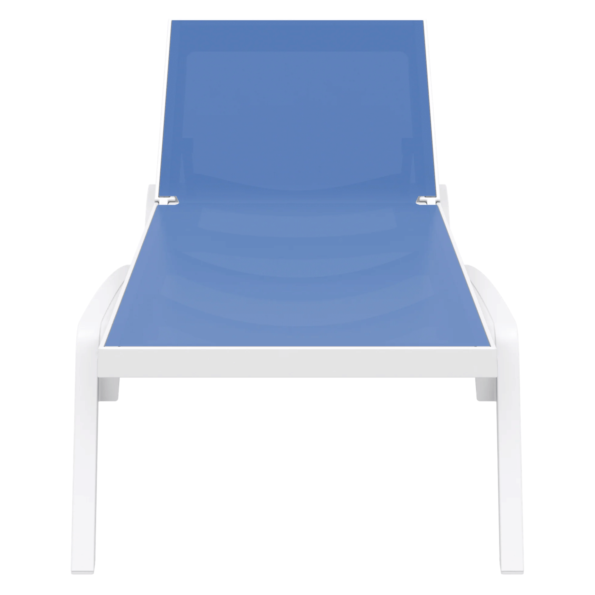 A modern outdoor chaise lounge chair with a white frame and a blue mesh sling seat and backrest, shown against a plain white background.