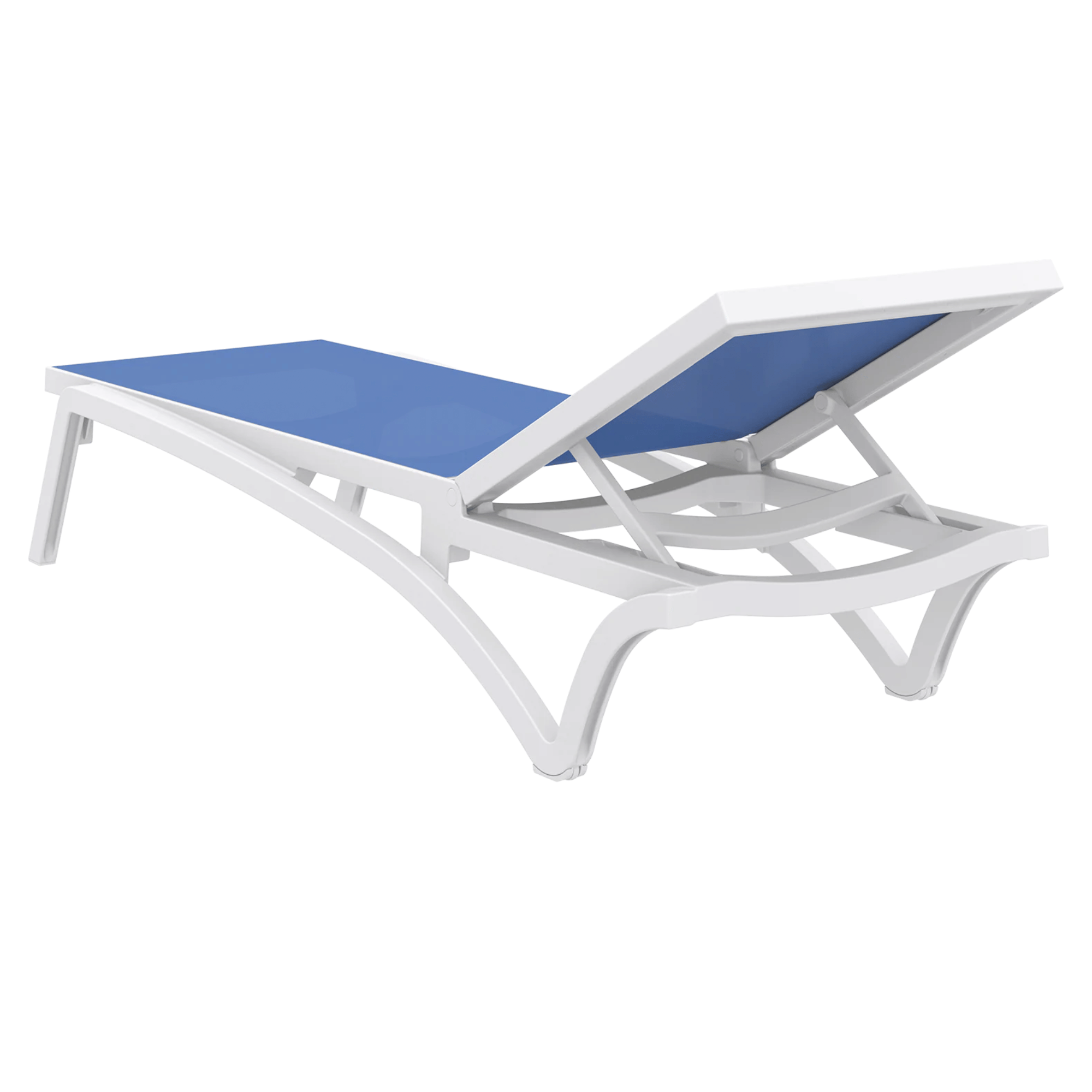 A white outdoor chaise lounge chair with a blue fabric cushion, shown at an angle on a solid white background.
