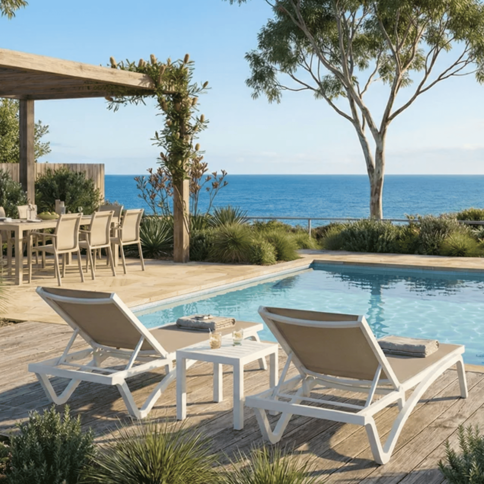 Two Siesta Pacific Sunlounge - White/Taupe - Commercial Grade sit beside a small white side table on a wooden deck next to a swimming pool, with a covered patio, trees, and ocean in the background.