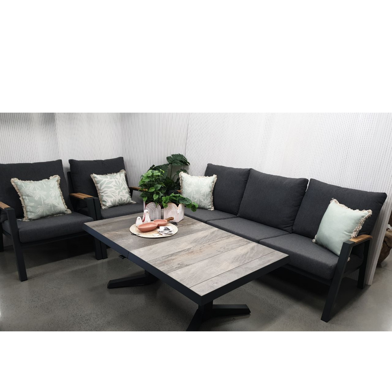 Springfield aluminium 3+1+1 lounge with Torquay extension table - 4 piece charcoal outdoor lounge setting