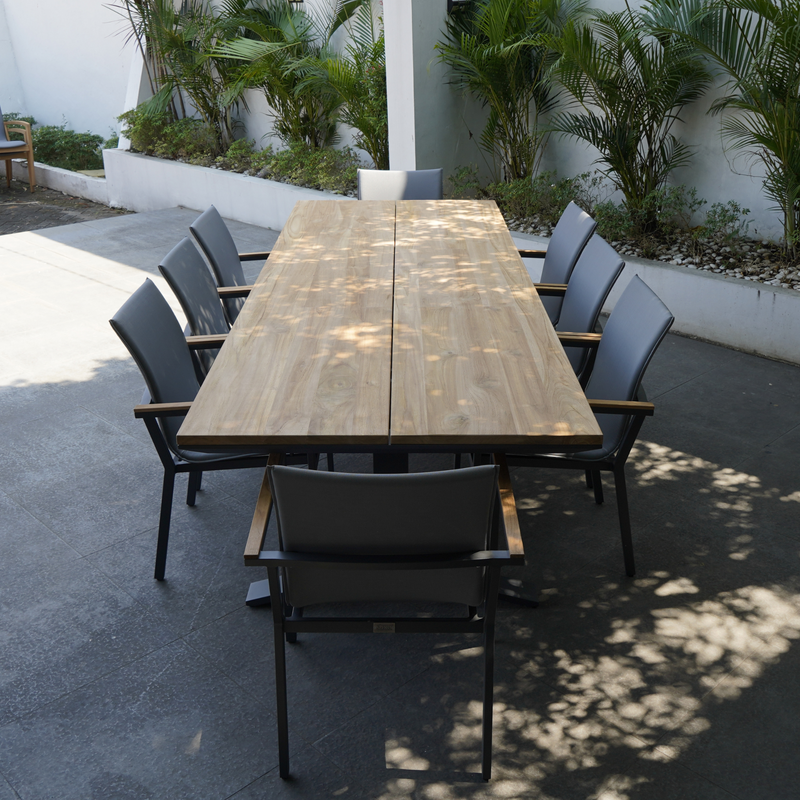 TStockholm teak table and Cortez chairs, 9 piece outdoor dining setting