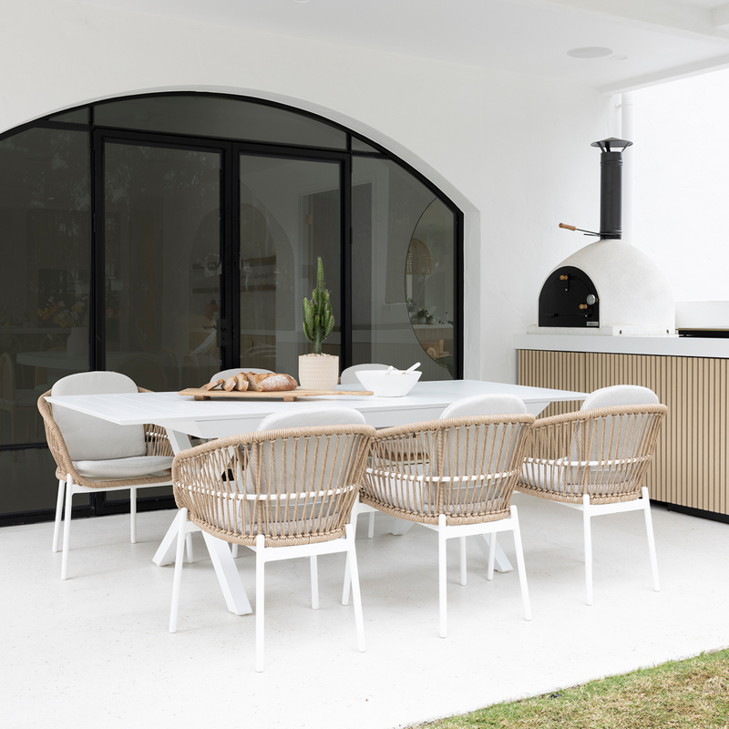 Tango extension table with Amalfi chairs - 7 piece white outdoor dining setting