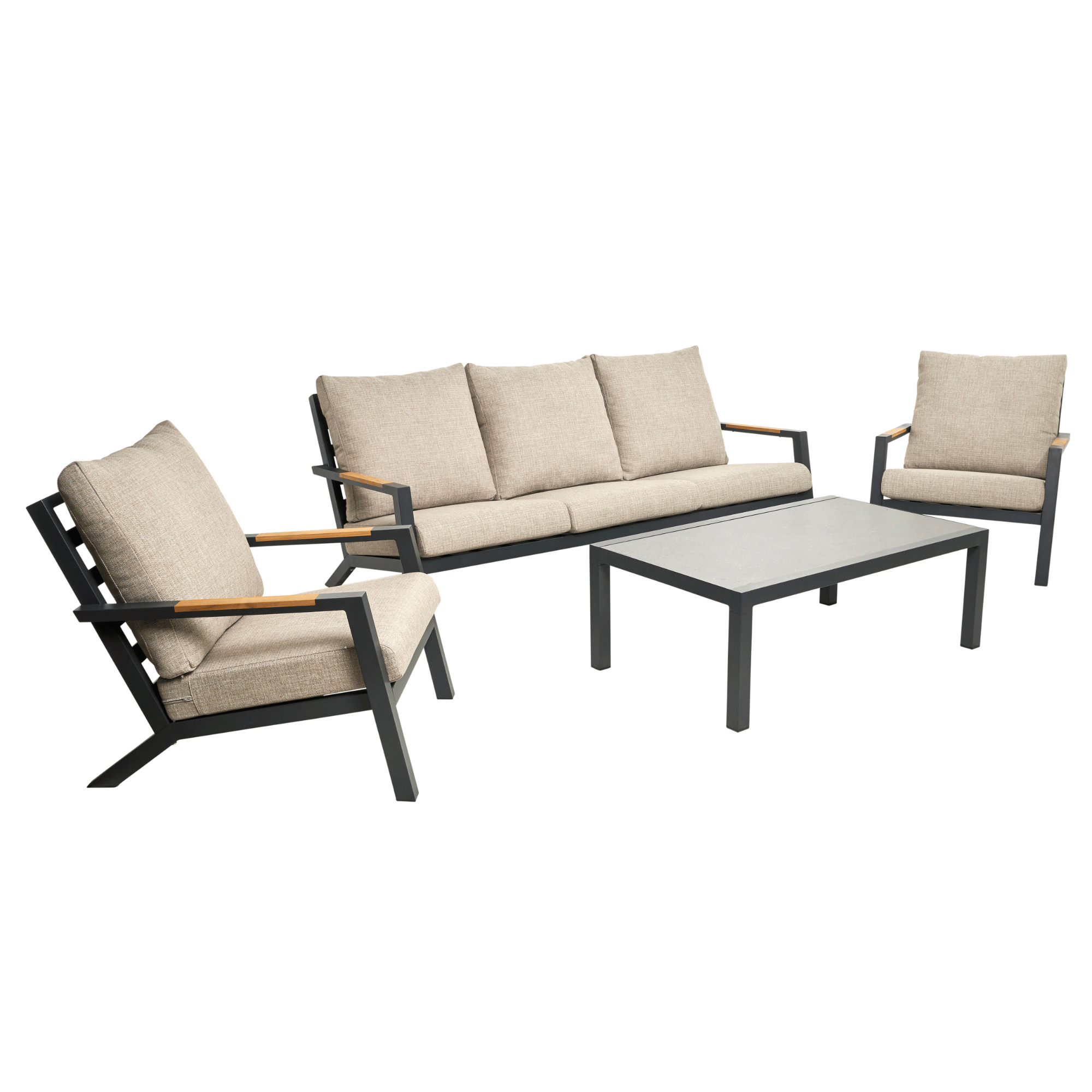 Four-piece Venus 4pce Lounge Setting - Charcoal/Oatmeal Texture outdoor patio furniture set with a three-seat sofa, two armchairs, and a rectangular coffee table. The furniture features light beige textured cushions and dark grey frames with light wood arm accents, set against a plain white background.