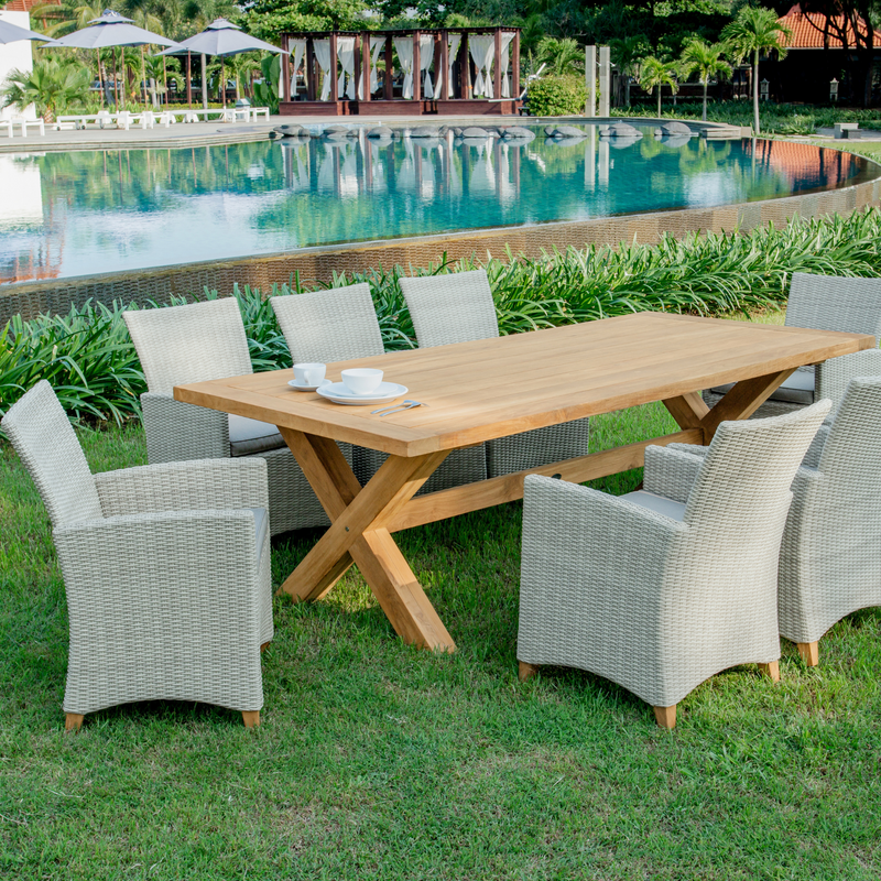 Alexander table and Venice wicker outdoor dining setting