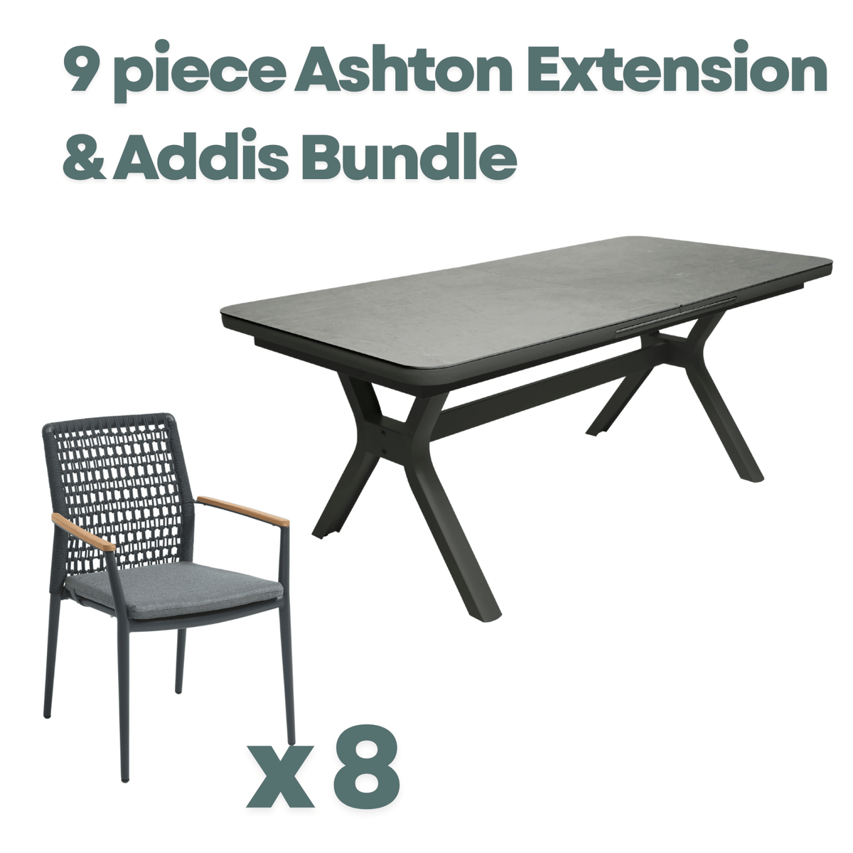 Ashton Extendable & Addis Rope 200-260x100cm 9pce Dining Setting - Charcoal - Lume Outdoor Living