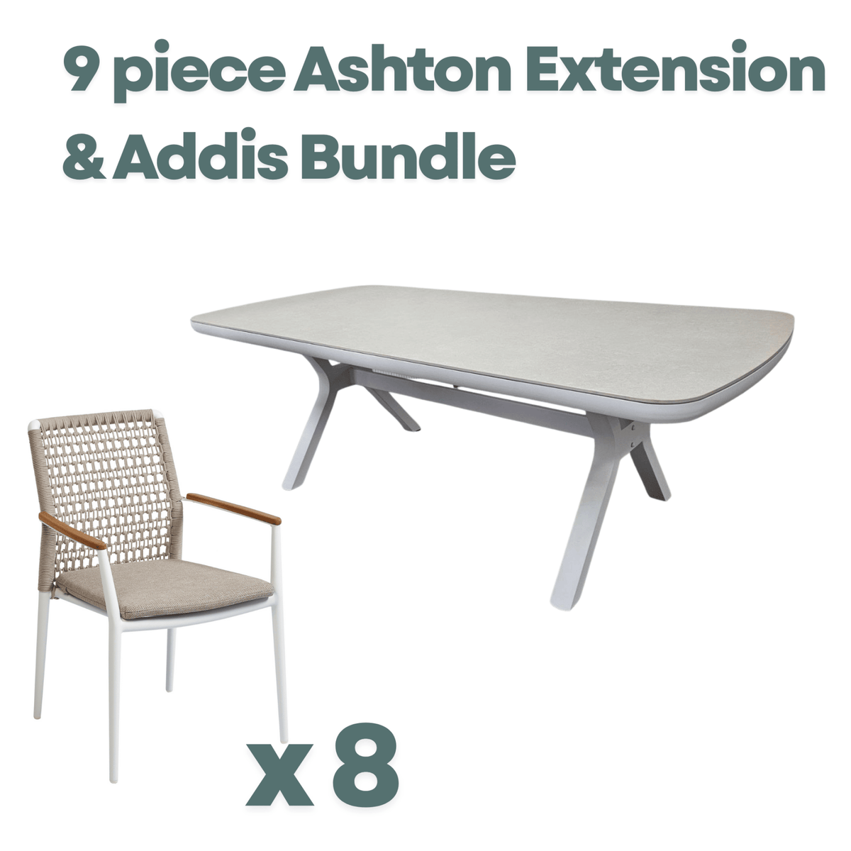 Ashton Extendable & Addis Rope 200-260x100cm 9pce Dining Setting - White - Lume Outdoor Living