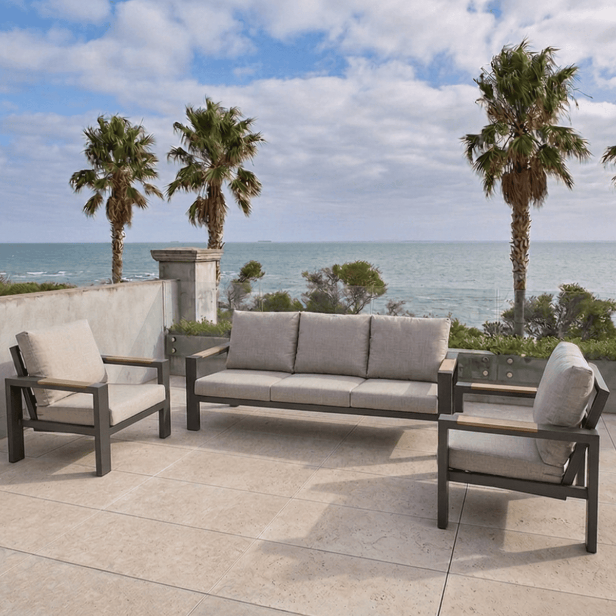 Aspen Teak Detail 3pce Lounge Setting - Charcoal/Oatmeal - Lume Outdoor Living