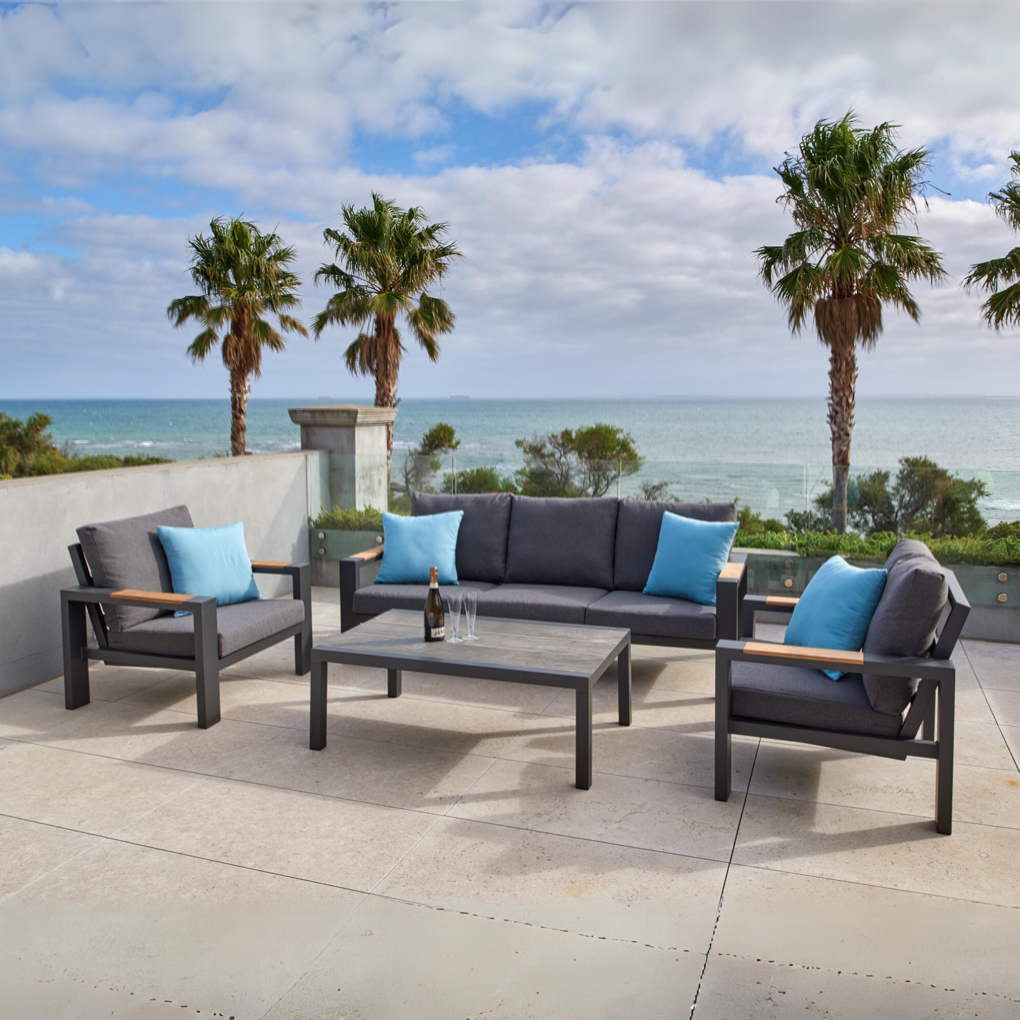 Aspen charcoal aluminium lounge - 4 piece outdoor lounge setting with teak accents