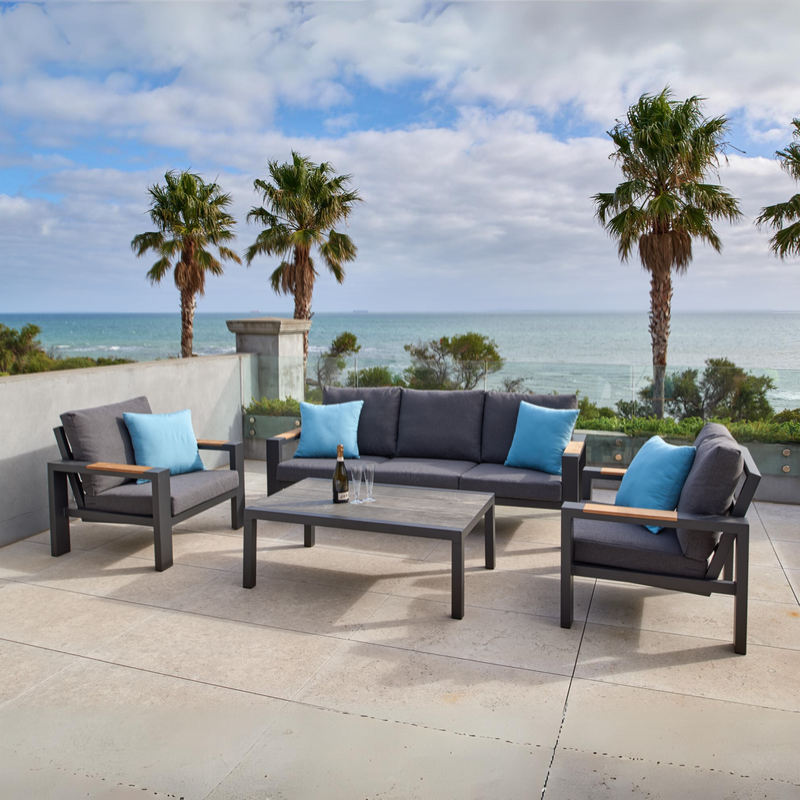Aspen charcoal aluminium lounge 3+1+1 - 4 piece outdoor lounge setting with teak accents