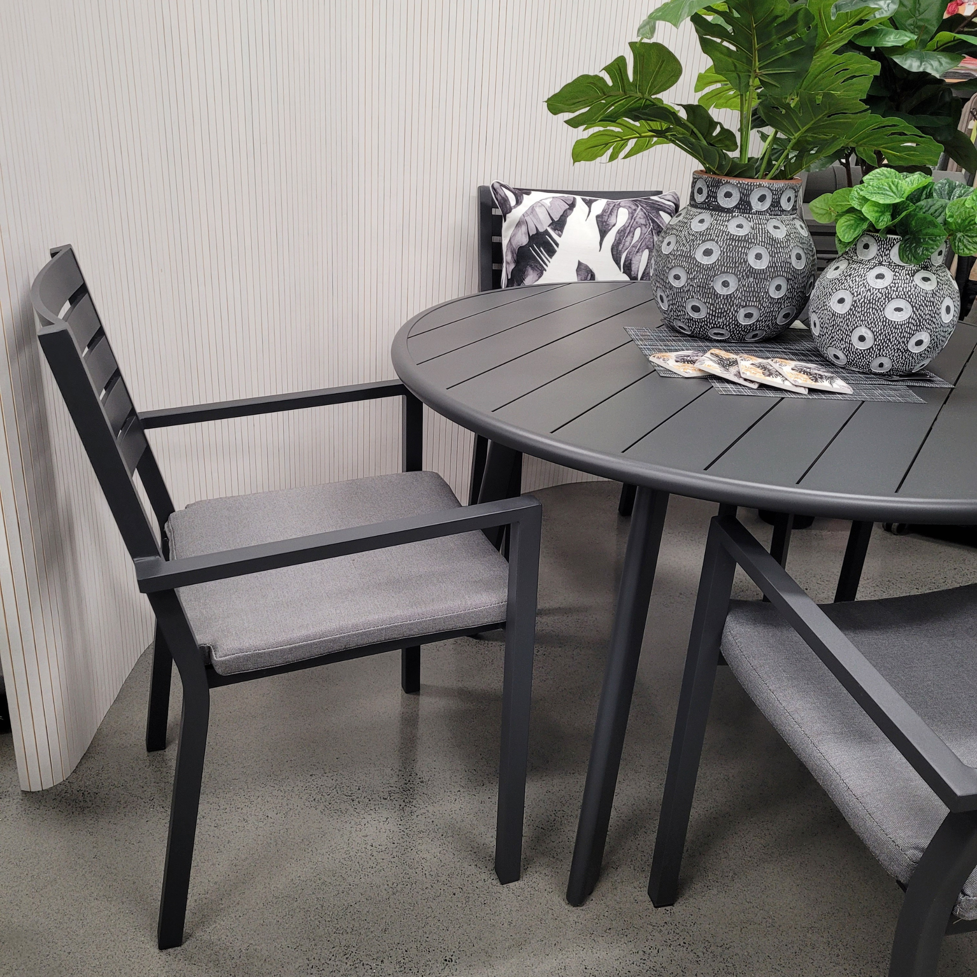 Avignon 120cm Round Dining Table - Charcoal with matching chairs