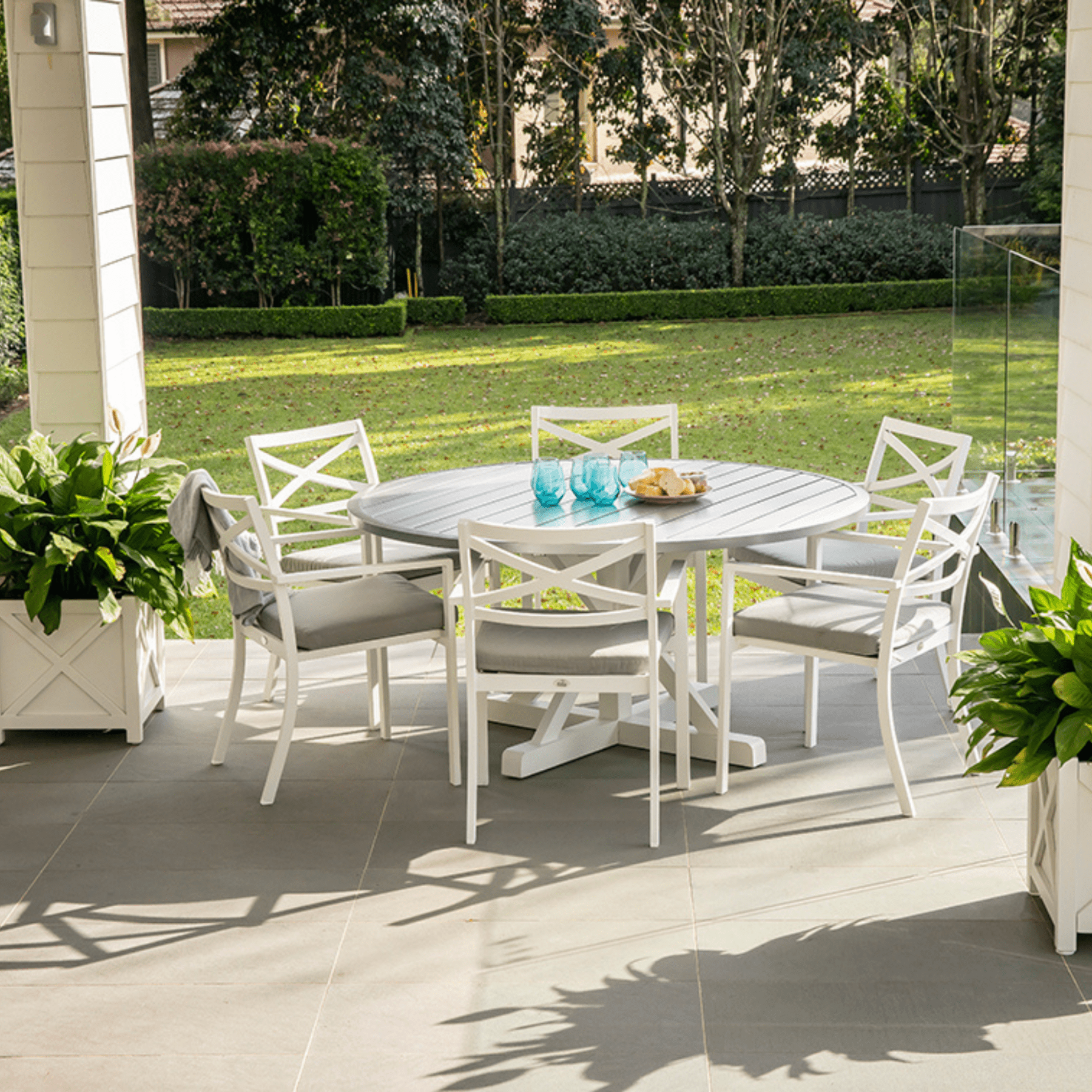 Baroque 'Hamptons' table (graphite top) with Baroque chairs - 7 piece round outdoor dining - Lume Outdoor Living