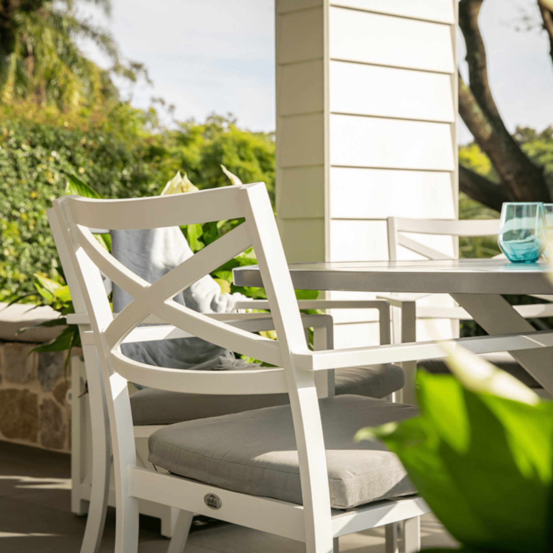 Baroque 'Hamptons' table (graphite top) with Baroque chairs - 7 piece round outdoor dining - Lume Outdoor Living