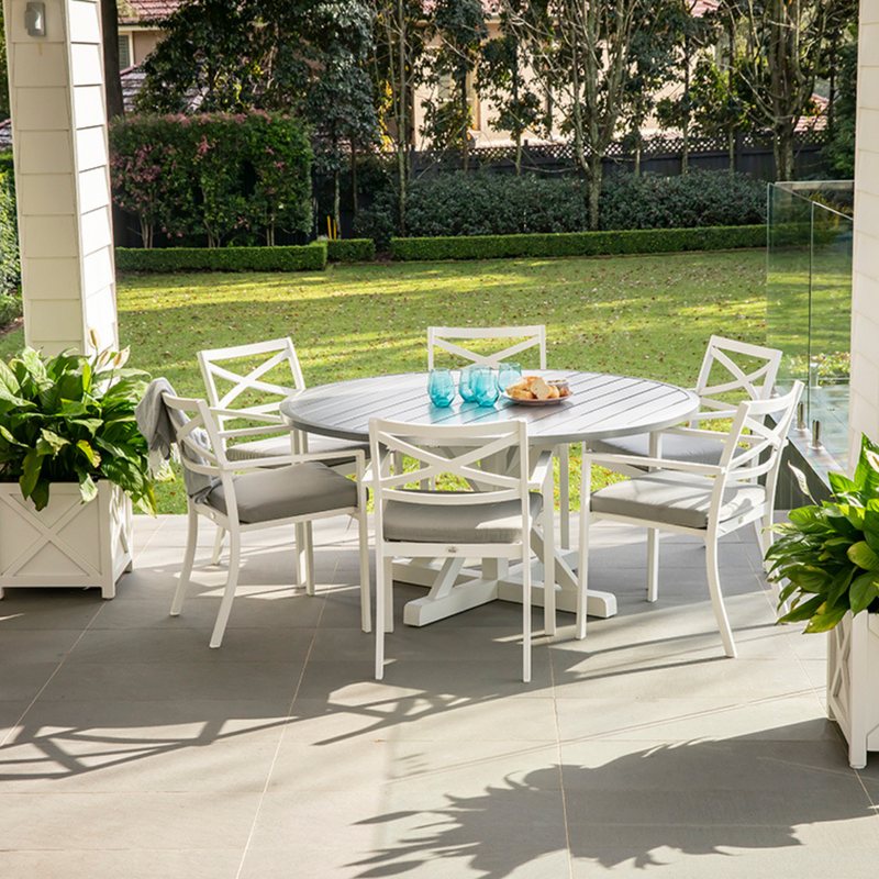 Baroque 'Hamptons' table (graphite top) with Baroque chairs - 7 piece round outdoor dining