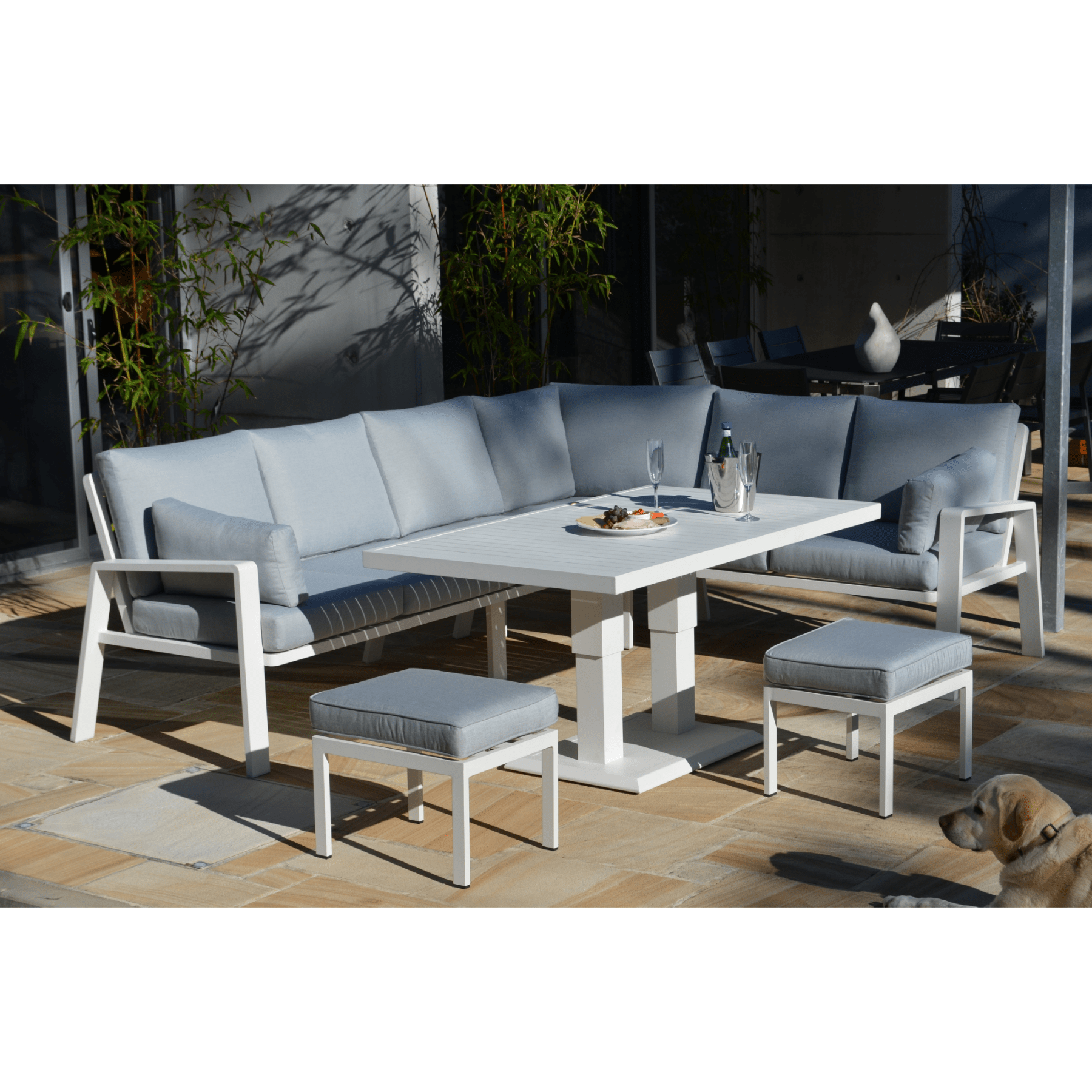 Carrington aluminium lounge with Lift up/down table - corner lounge setting - Lume Outdoor Living