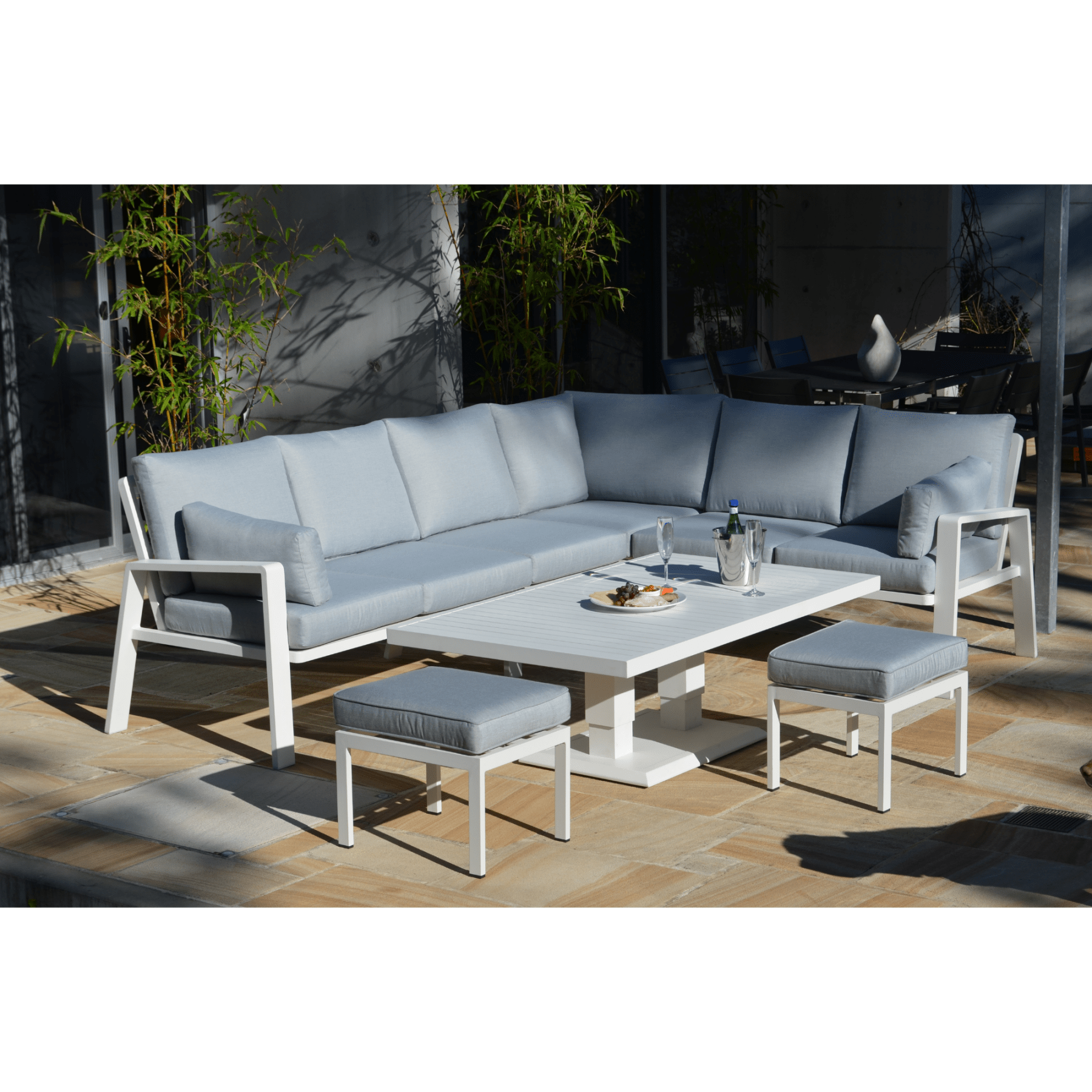 Carrington aluminium lounge with Lift up/down table - corner lounge setting - Lume Outdoor Living