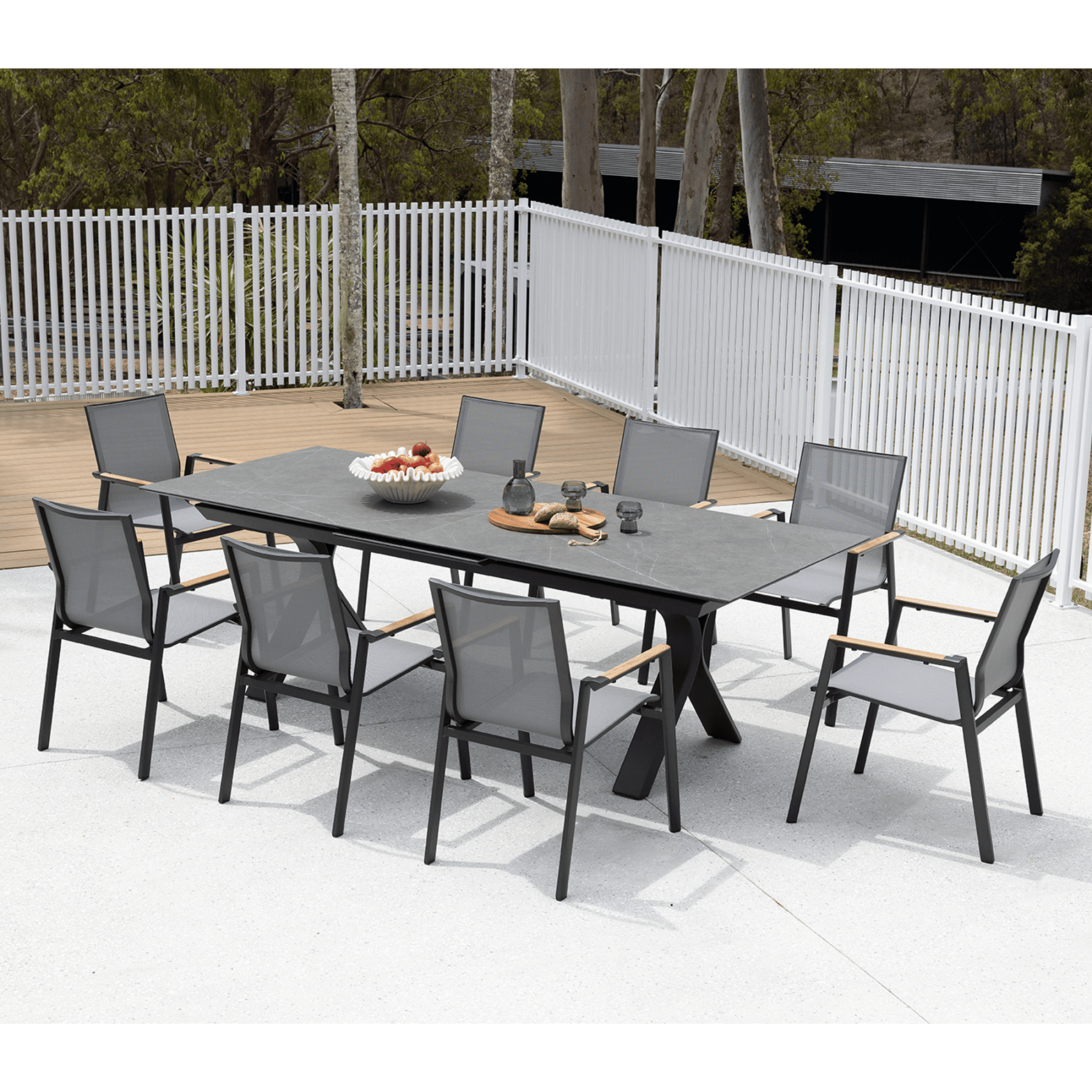 Carson Extendable Table with Luca Dining Chairs - 9 piece Charcoal Outdoor Dining Setting - Lume Outdoor Living