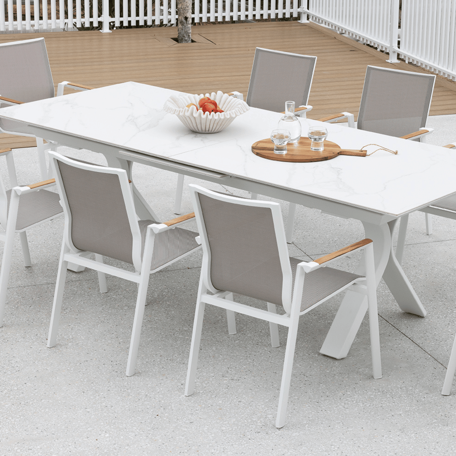 Carson Extendable Table with Luca Dining Chairs - 9 piece White Outdoor Dining Setting - Lume Outdoor Living