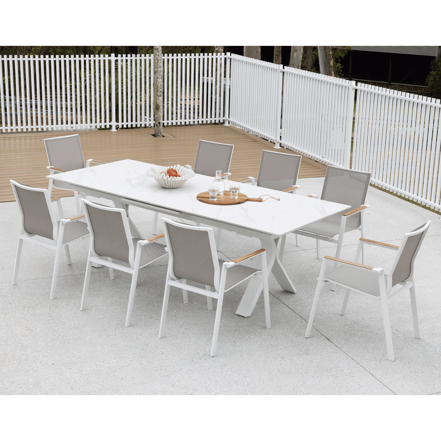 Carson Extendable Table with Luca Dining Chairs - 9 piece White Outdoor Dining Setting - Lume Outdoor Living