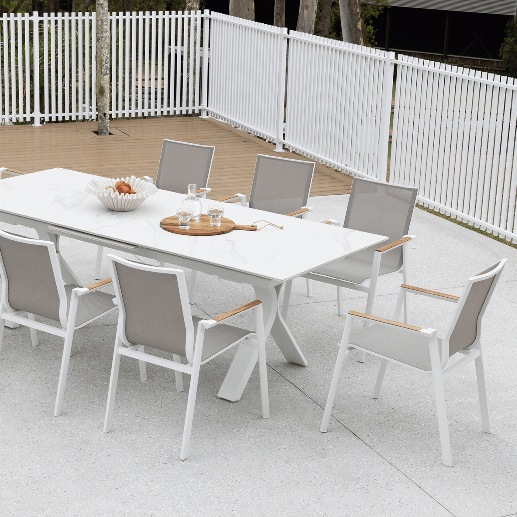 Carson Extendable Table with Luca Dining Chairs - 9 piece White Outdoor Dining Setting - Lume Outdoor Living