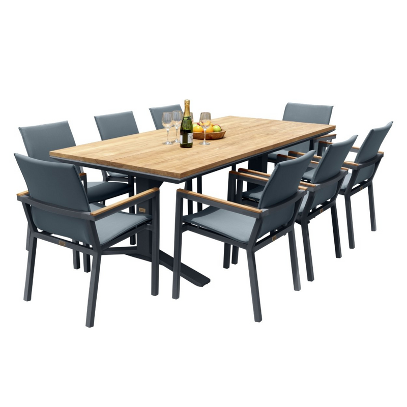 Stockholm table, Cortez chairs - 7 piece charcoal/teak outdoor dining setting