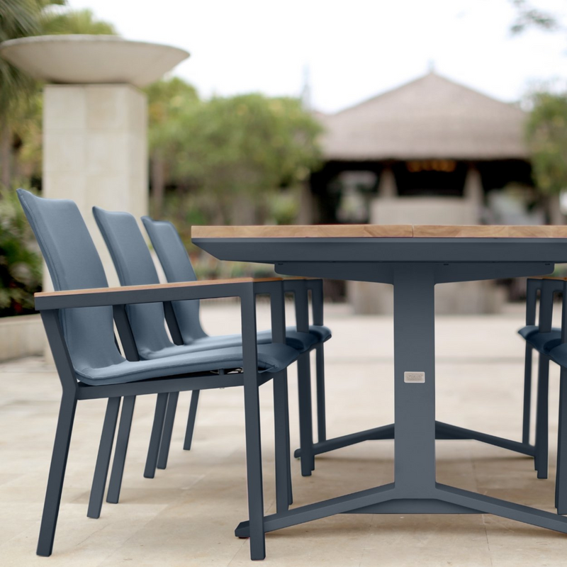 Stockholm table, Cortez chairs - 7 piece charcoal/teak outdoor dining setting