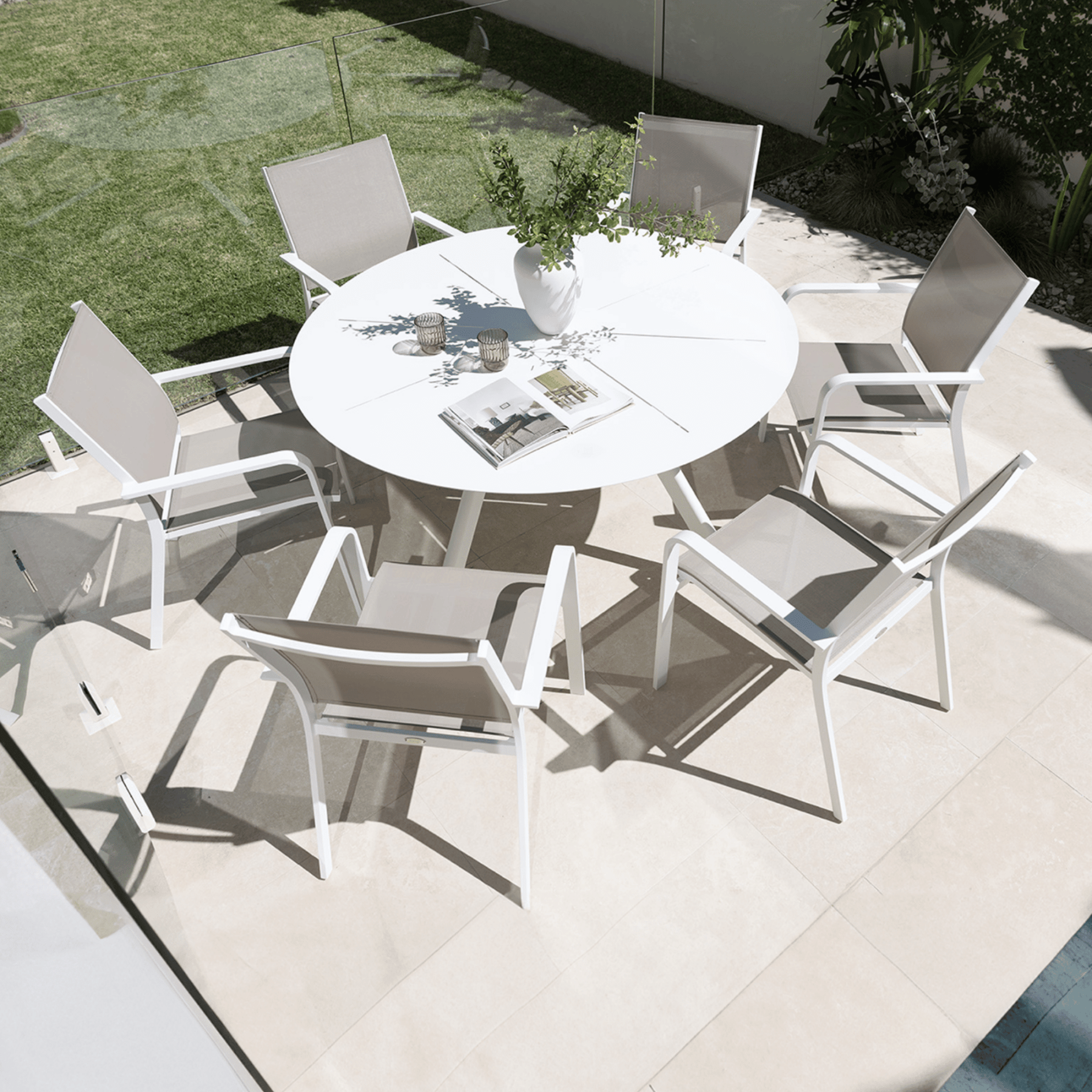 Estella 150cm Round Table with Mons Dining Chairs - 7 piece White Outdoor Dining Setting - Lume Outdoor Living