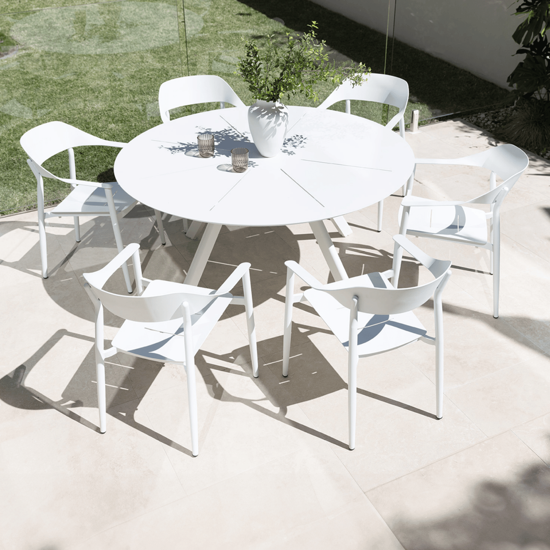 Estella 150cm Round Table with Tala Dining Chairs - 7 piece White Outdoor Dining Setting - Lume Outdoor Living