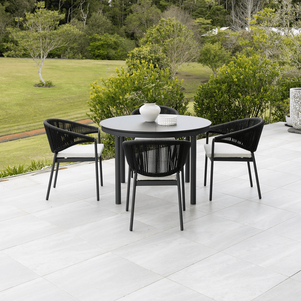 Globe Extendable & Celia Rope 120cm Round to 170x120cm Oval 5pce Dining Setting - Charcoal - Lume Outdoor Living