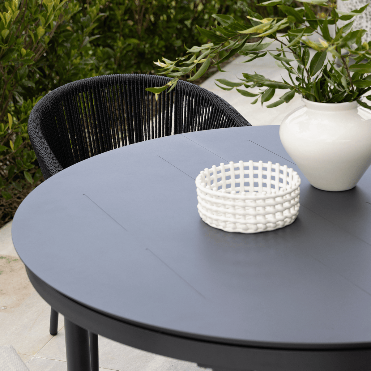 Globe Extendable & Celia Rope 120cm Round to 170x120cm Oval 5pce Dining Setting - Charcoal - Lume Outdoor Living