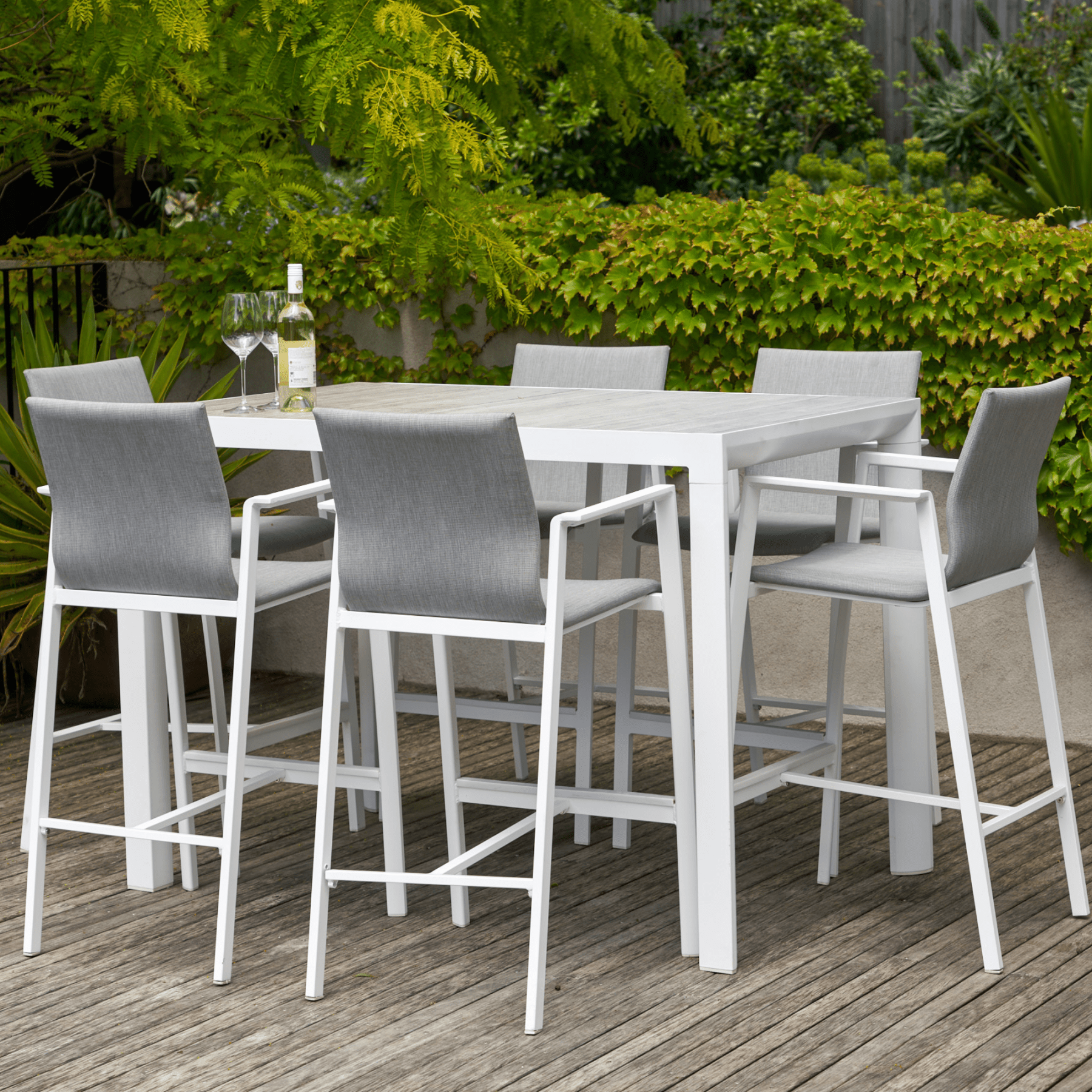 Memphis bar table with Bronte bar chairs - white - 7 piece outdoor rectangle bar setting - Lume Outdoor Living