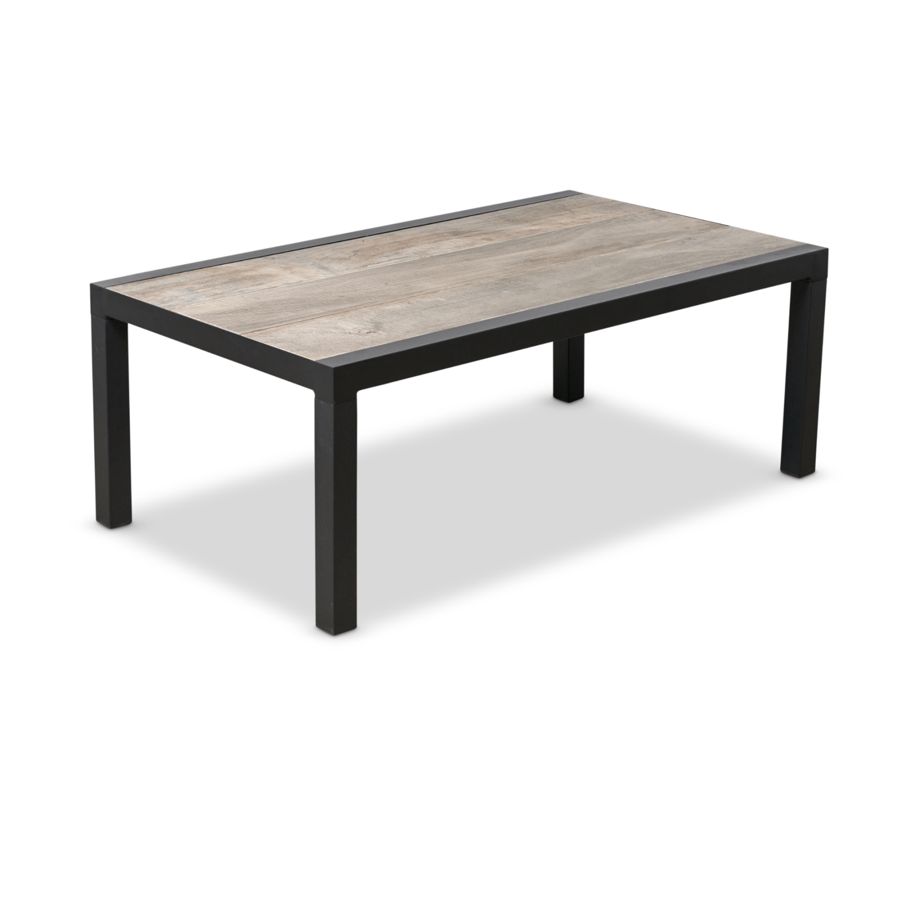 A rectangular coffee table with a light brown wood grain top and a charcoal metal frame, shown on a white background with a soft shadow.