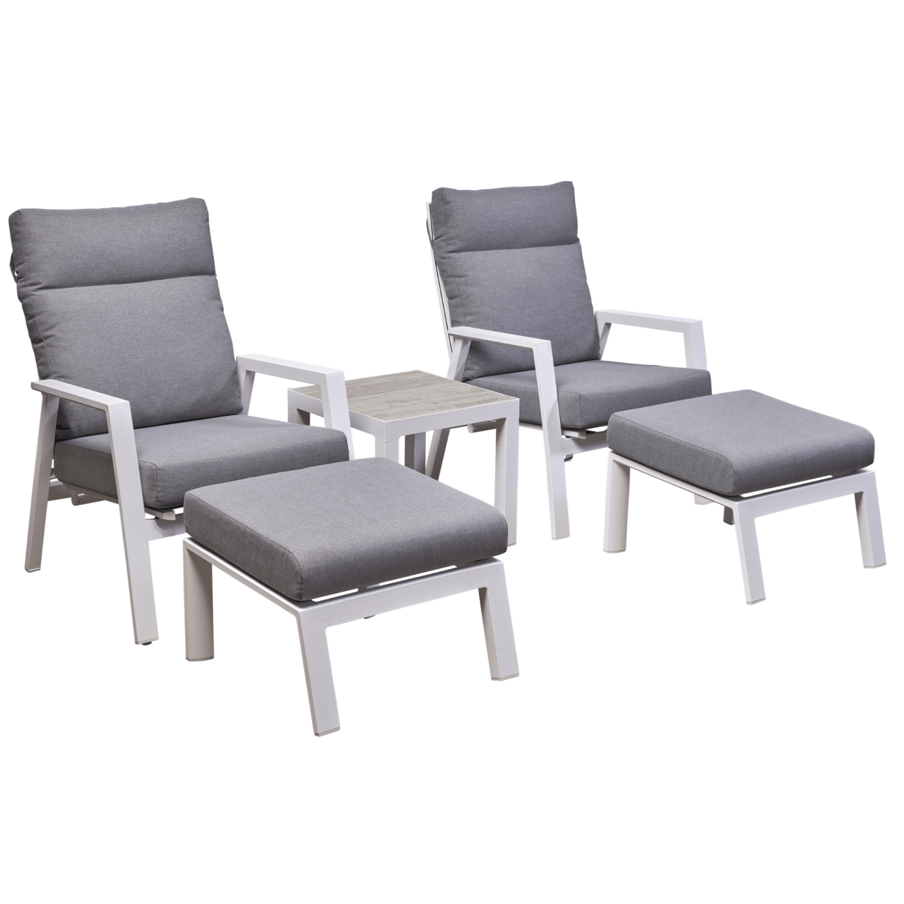 Memphis side table with Ballina recliner chair - 5piece outdoor recliner setting - white - Lume Outdoor Living