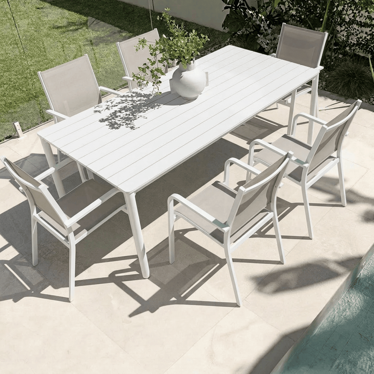 Mesa & Mons 200x100cm 7pce Dining Setting - White/Taupe - Lume Outdoor Living