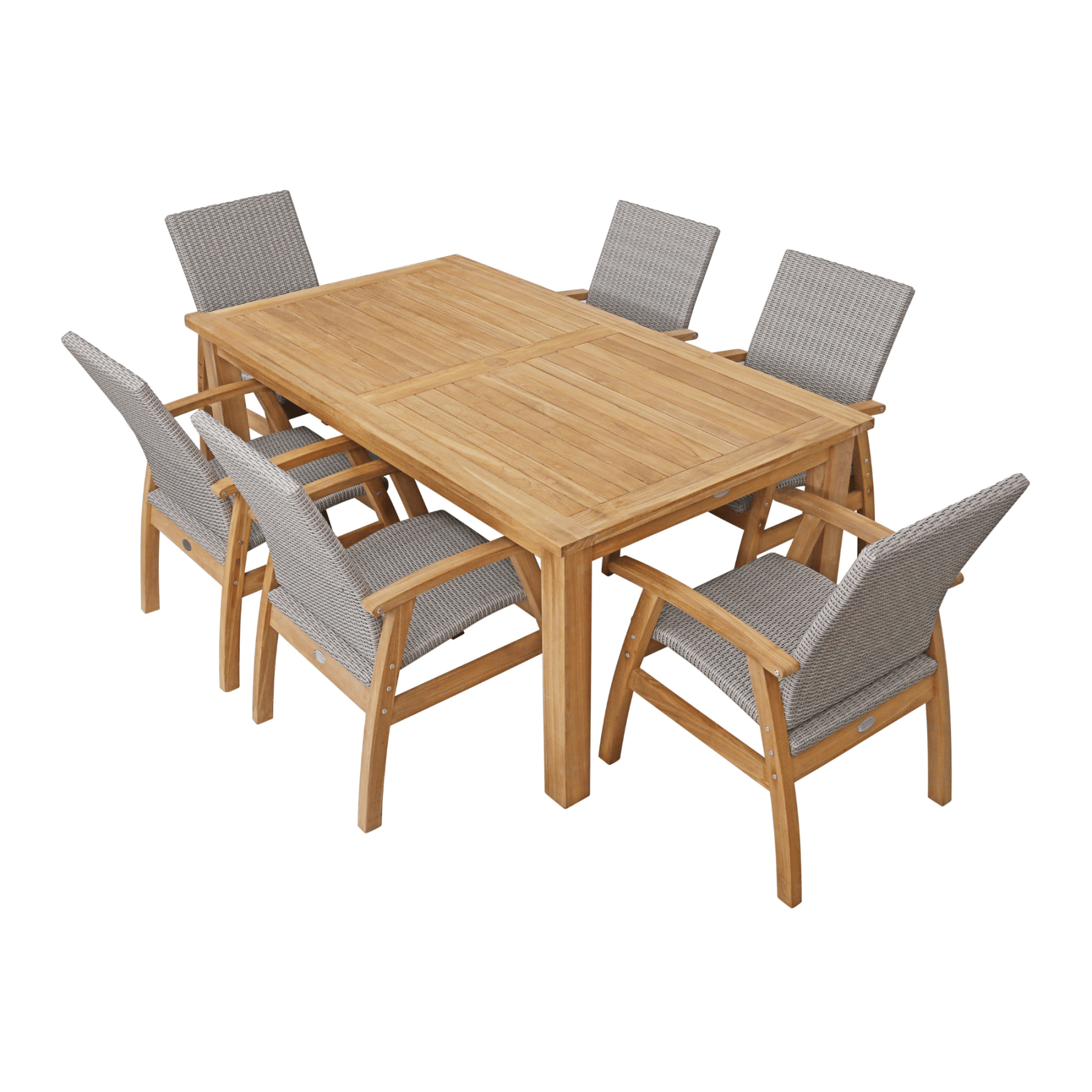 Montego teak table with Flinders wicker chairs grey - 7pce outdoor dining setting - Lume Outdoor Living