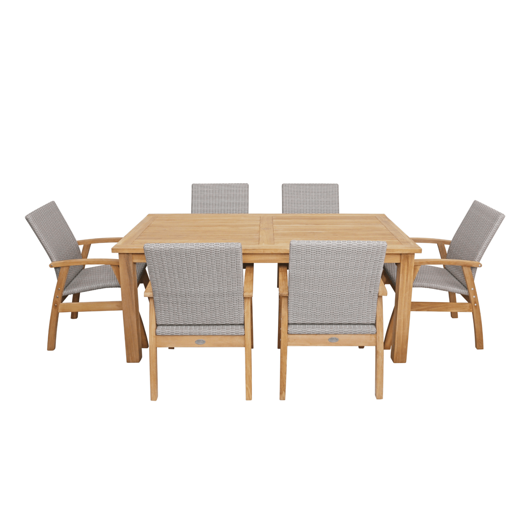 Montego teak table with Flinders wicker chairs grey - 7pce outdoor dining setting - Lume Outdoor Living