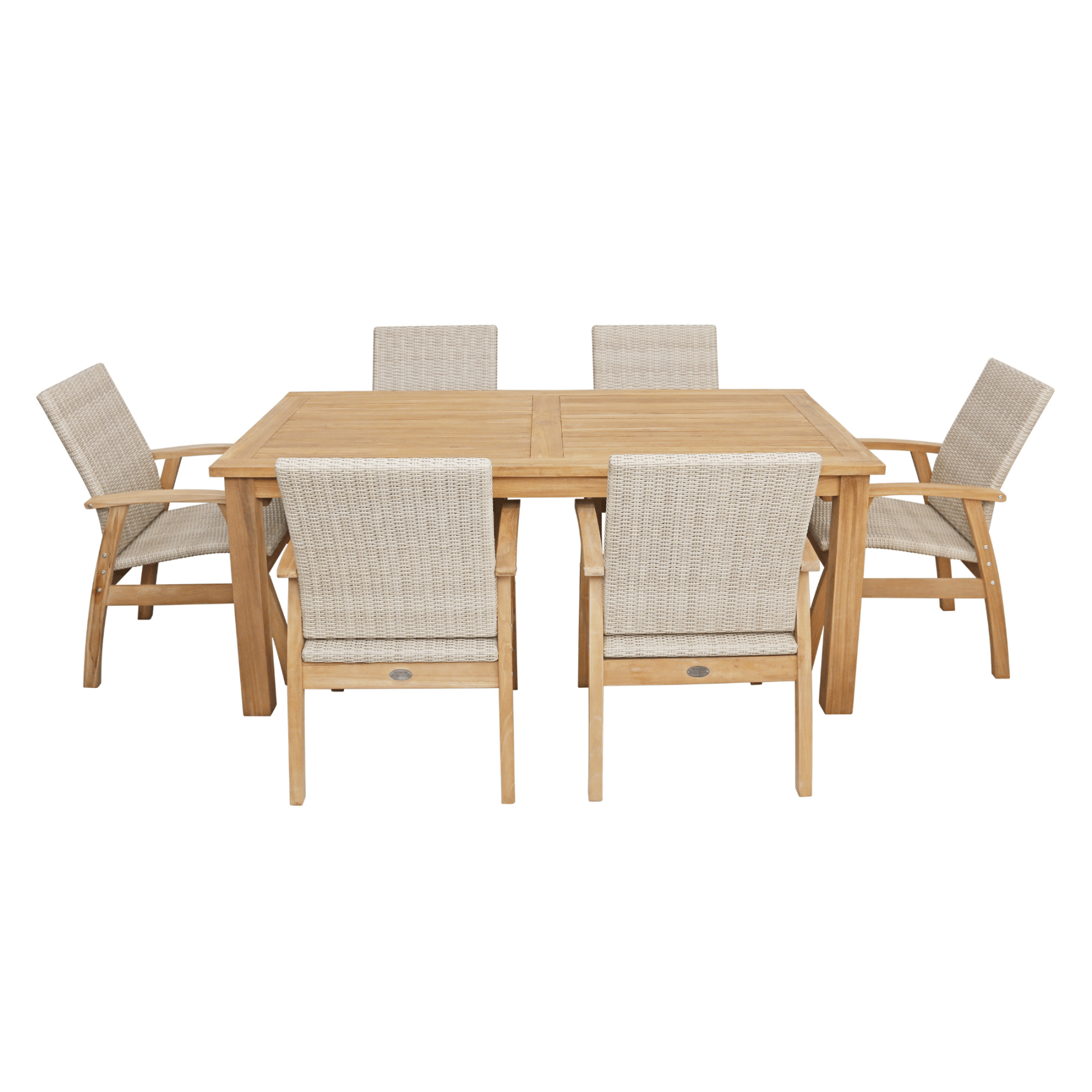 Montego teak table with Flinders wicker chairs kibu - white - 7pce outdoor dining setting - Lume Outdoor Living