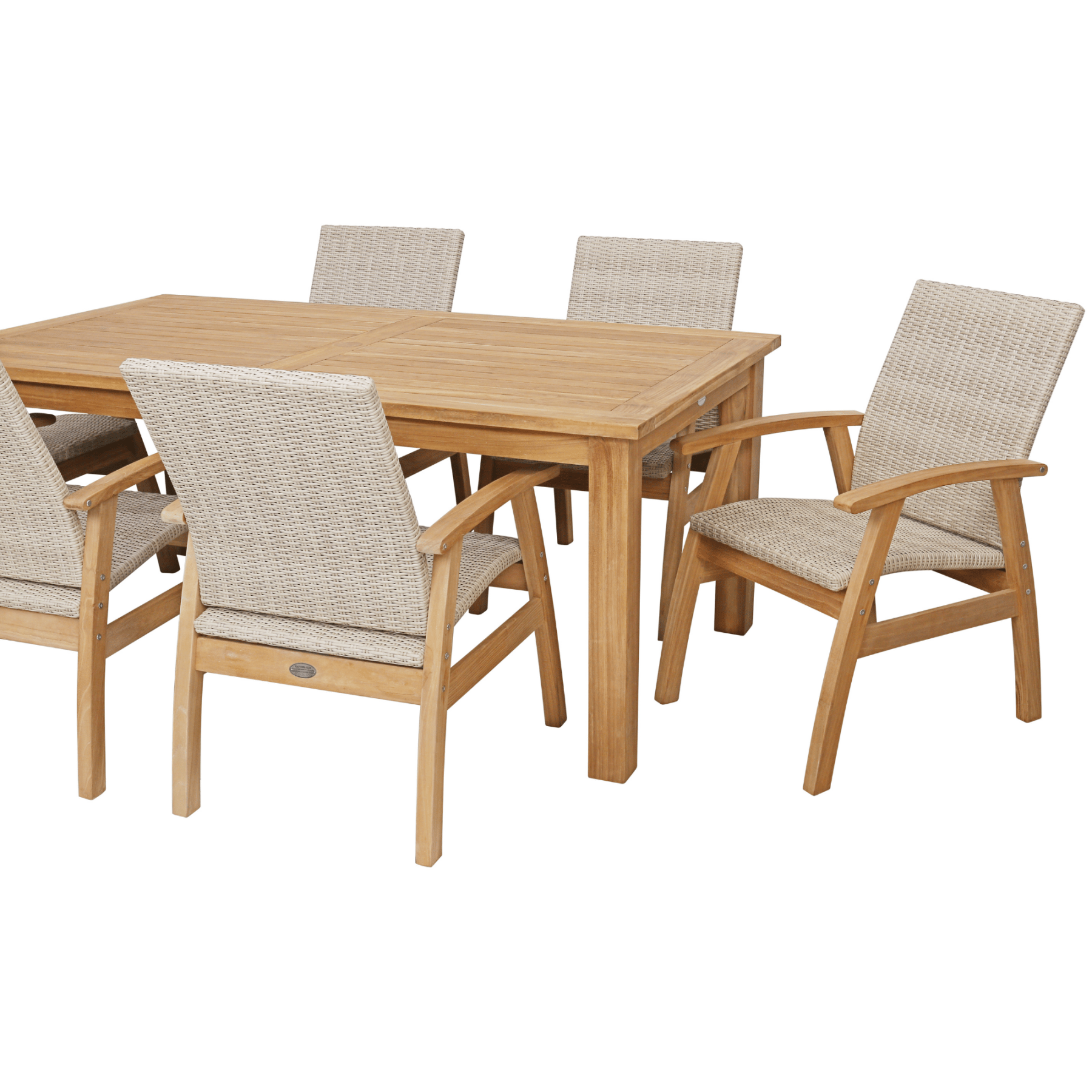 Montego teak table with Flinders wicker chairs kibu - white - 7pce outdoor dining setting - Lume Outdoor Living