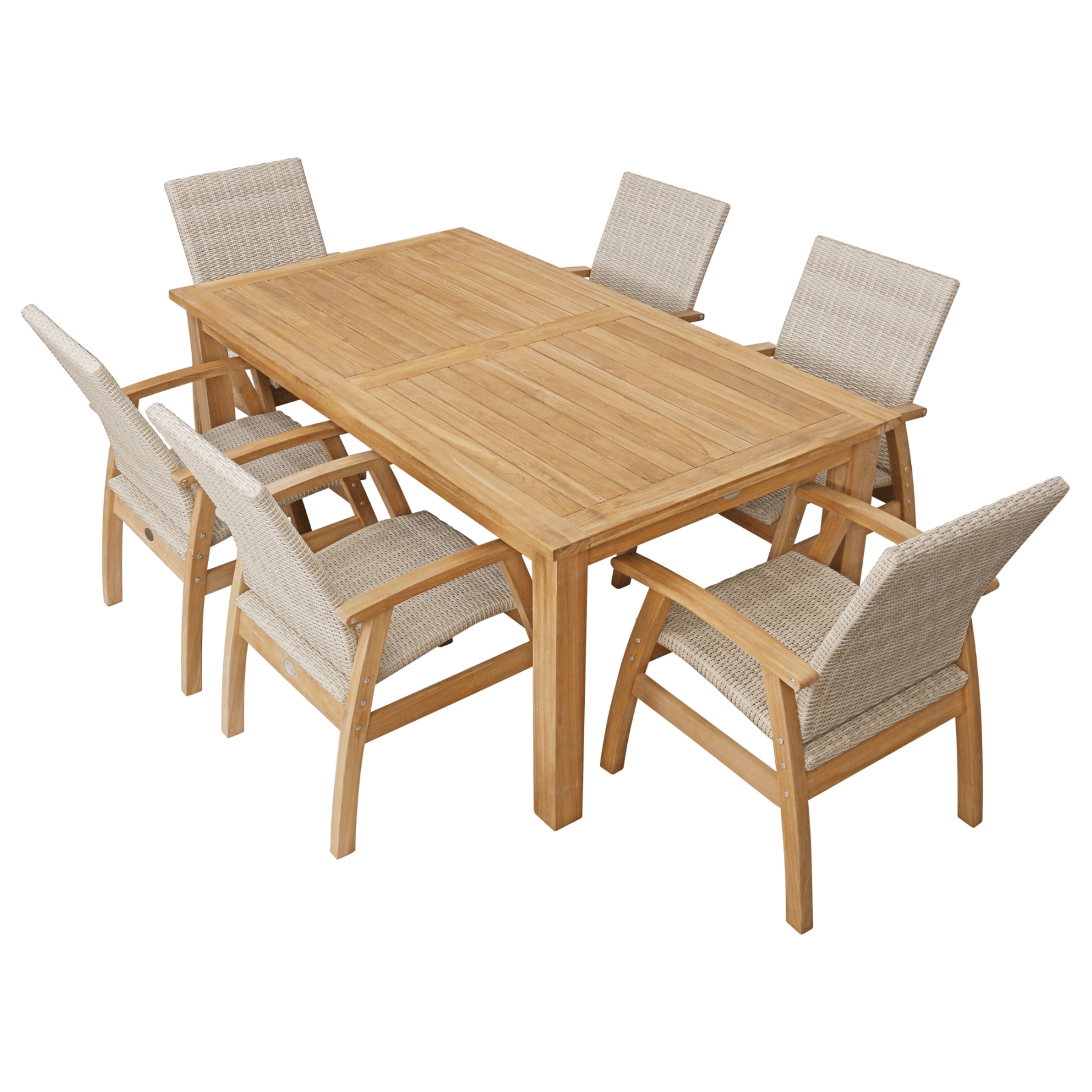 Montego teak table with Flinders wicker chairs kibu - white - 7pce outdoor dining setting - Lume Outdoor Living