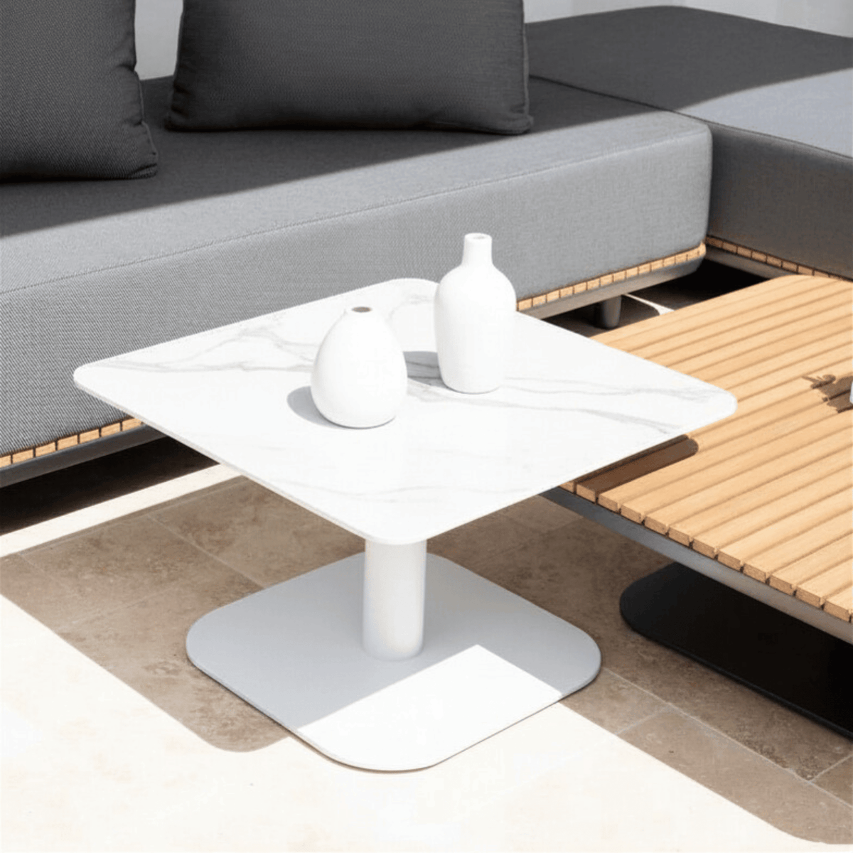 New Wave 59cm Square Coffee Table - White/Sintered Stone - Lume Outdoor Living