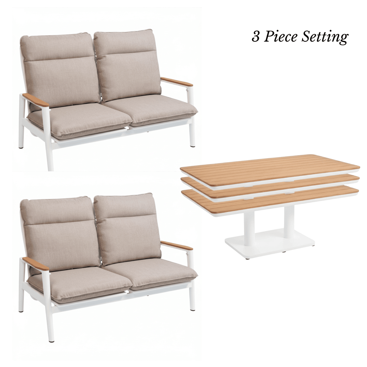 Pinehurst Recliner 2+2 3pce Lounge Setting with Adjustable Height Table - White - Lume Outdoor Living