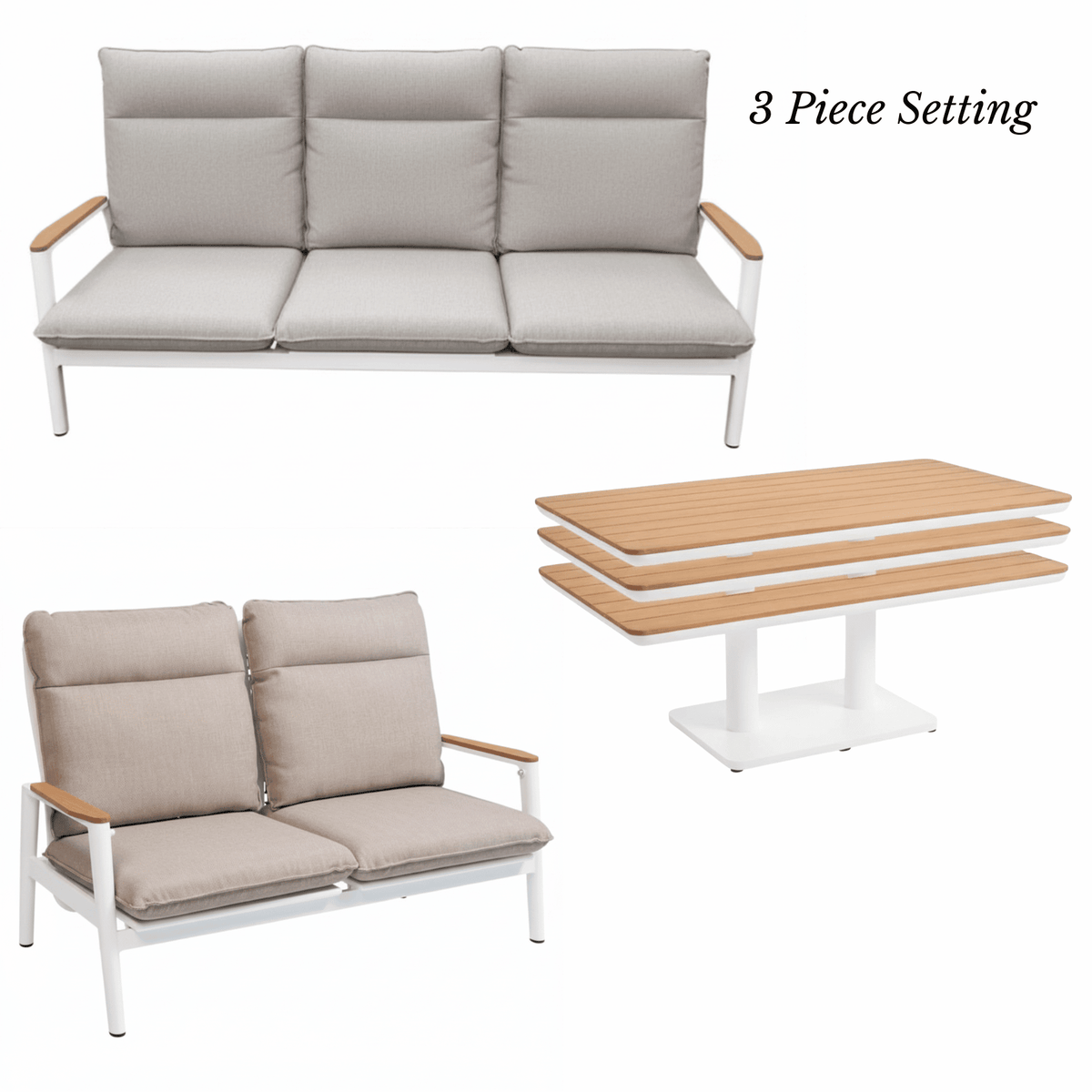 Pinehurst Recliner 3+2 3pce Lounge Setting with Adjustable Height Table - White - Lume Outdoor Living