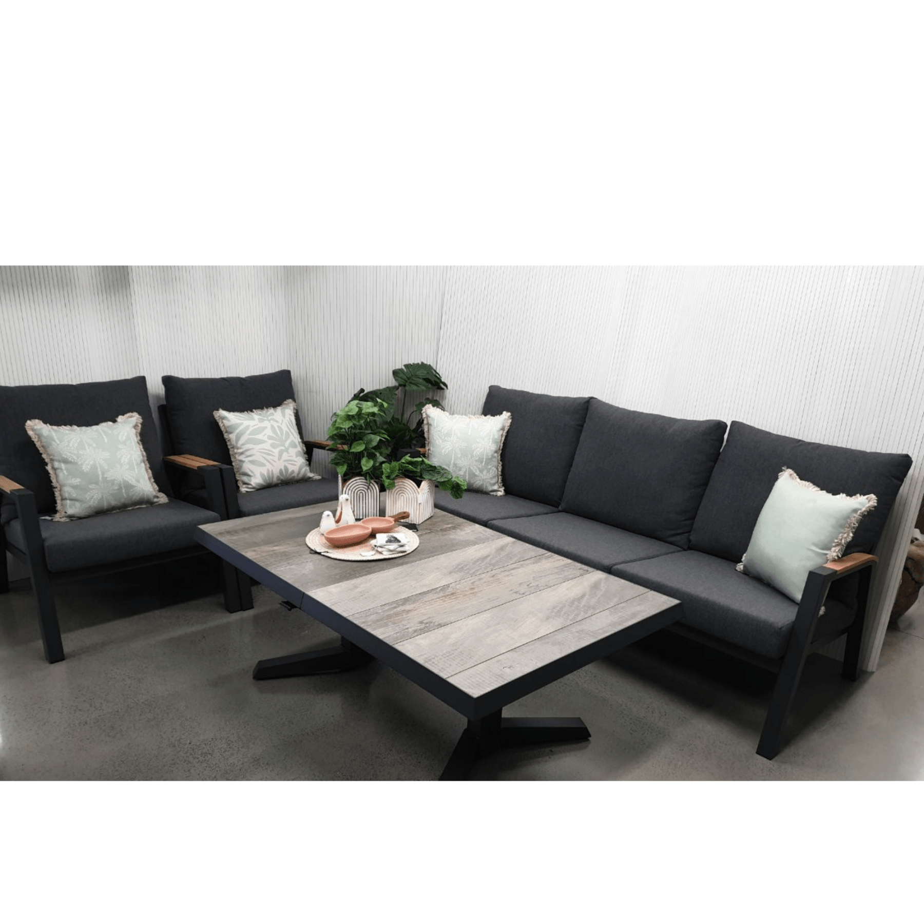 Springfield Outdoor Lounge Set with Torquay Extendable Dining Table - 4 piece charcoal outdoor lounge setting - Lume Outdoor Living