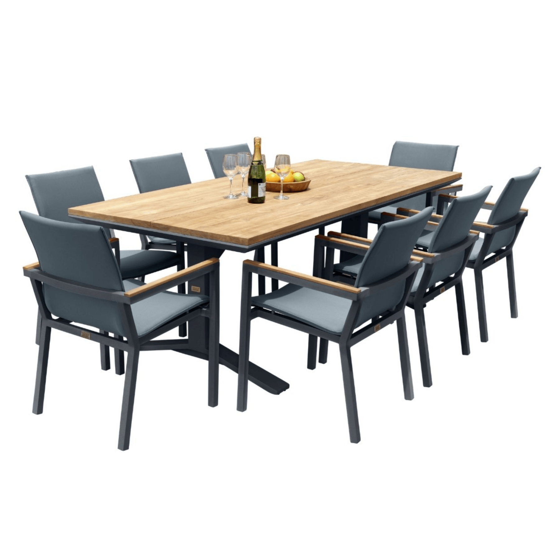 Stockholm table, Cortez chairs - 7 piece charcoal/teak outdoor dining setting - Lume Outdoor Living