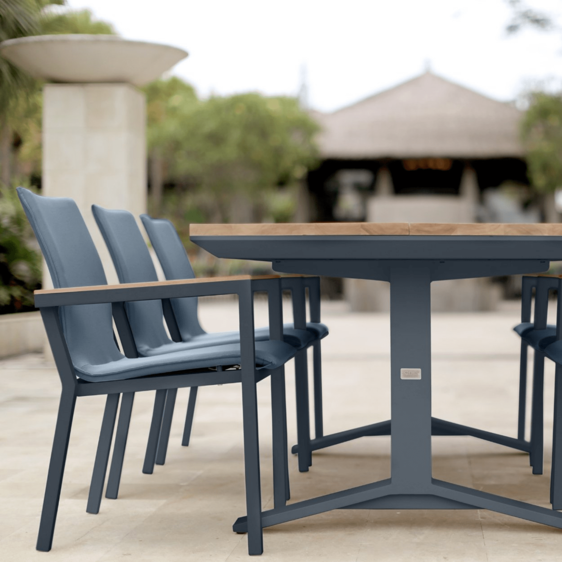 Stockholm table, Cortez chairs - 7 piece charcoal/teak outdoor dining setting - Lume Outdoor Living